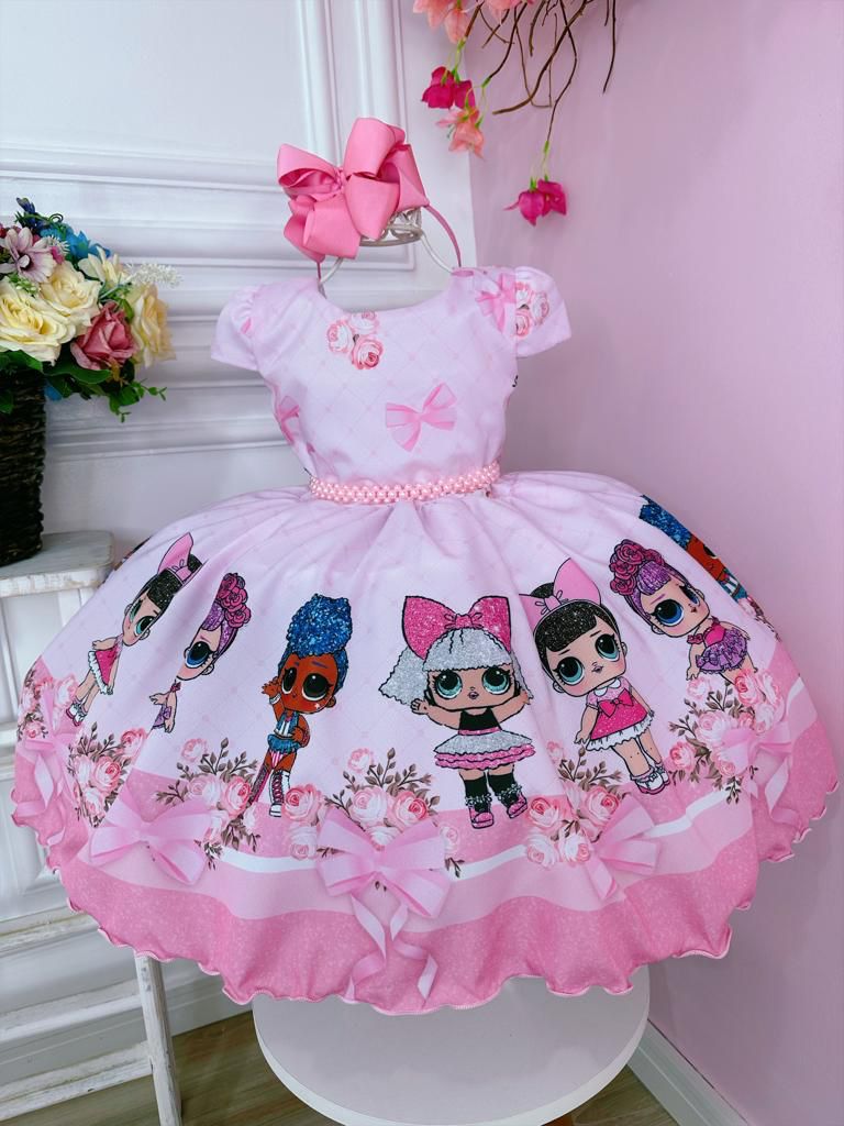 Vestido Infantil Lol Rosa Flores e Cinto de Pérolas Luxo