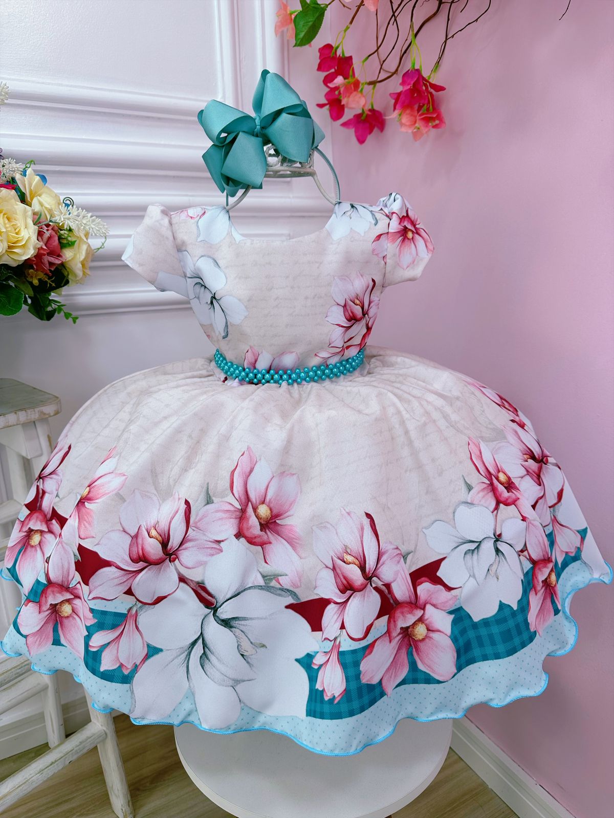 Vestido Infantil Marfim Flores Primavera C/ Cinto de Pérolas