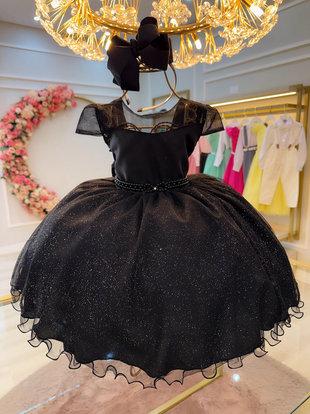 Vestido Infantil Preto Wandinha Saia C/ Glitter Festas