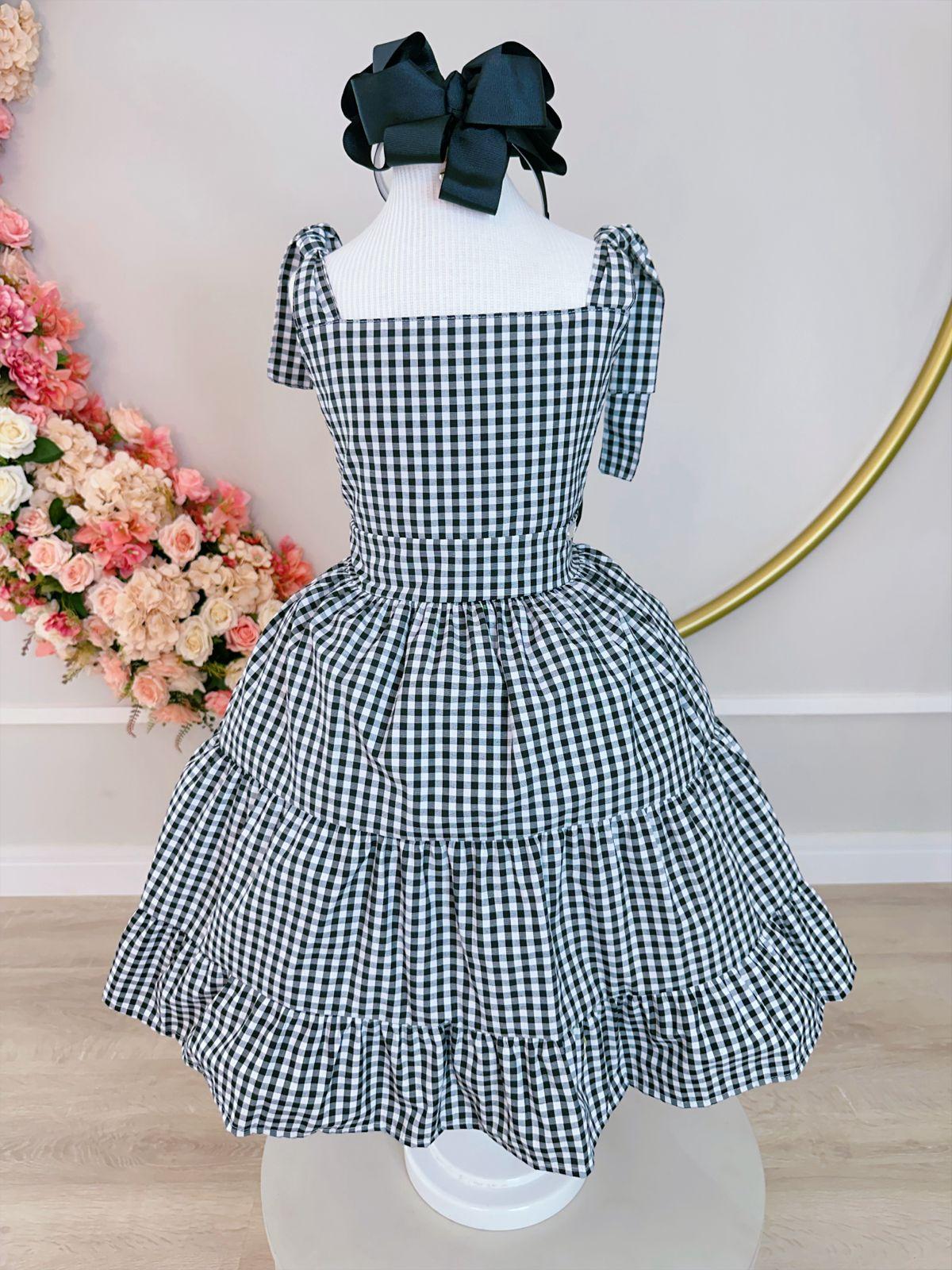 Vestido Infantil Primavera Verão Xadrez Preto e Branco