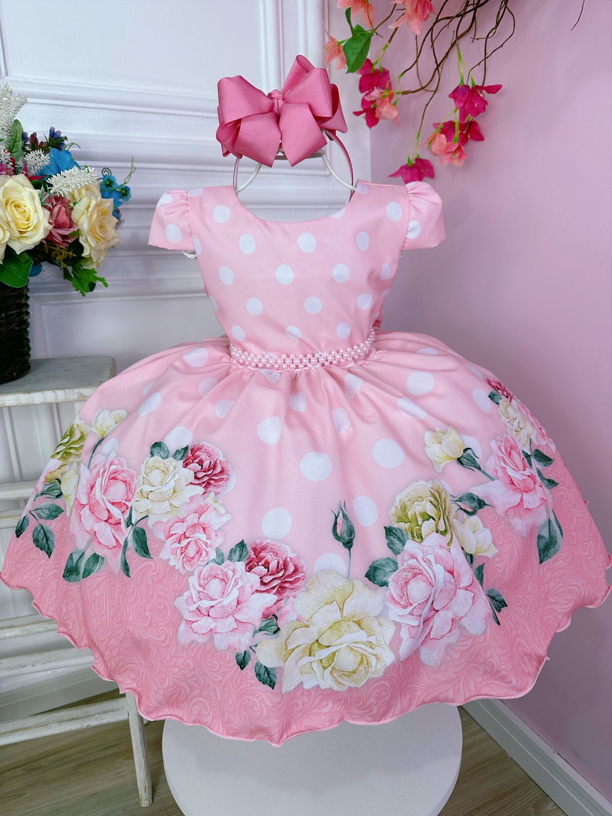 Vestido Infantil Rosa Bebê Florido Primavera Cinto Pérolas