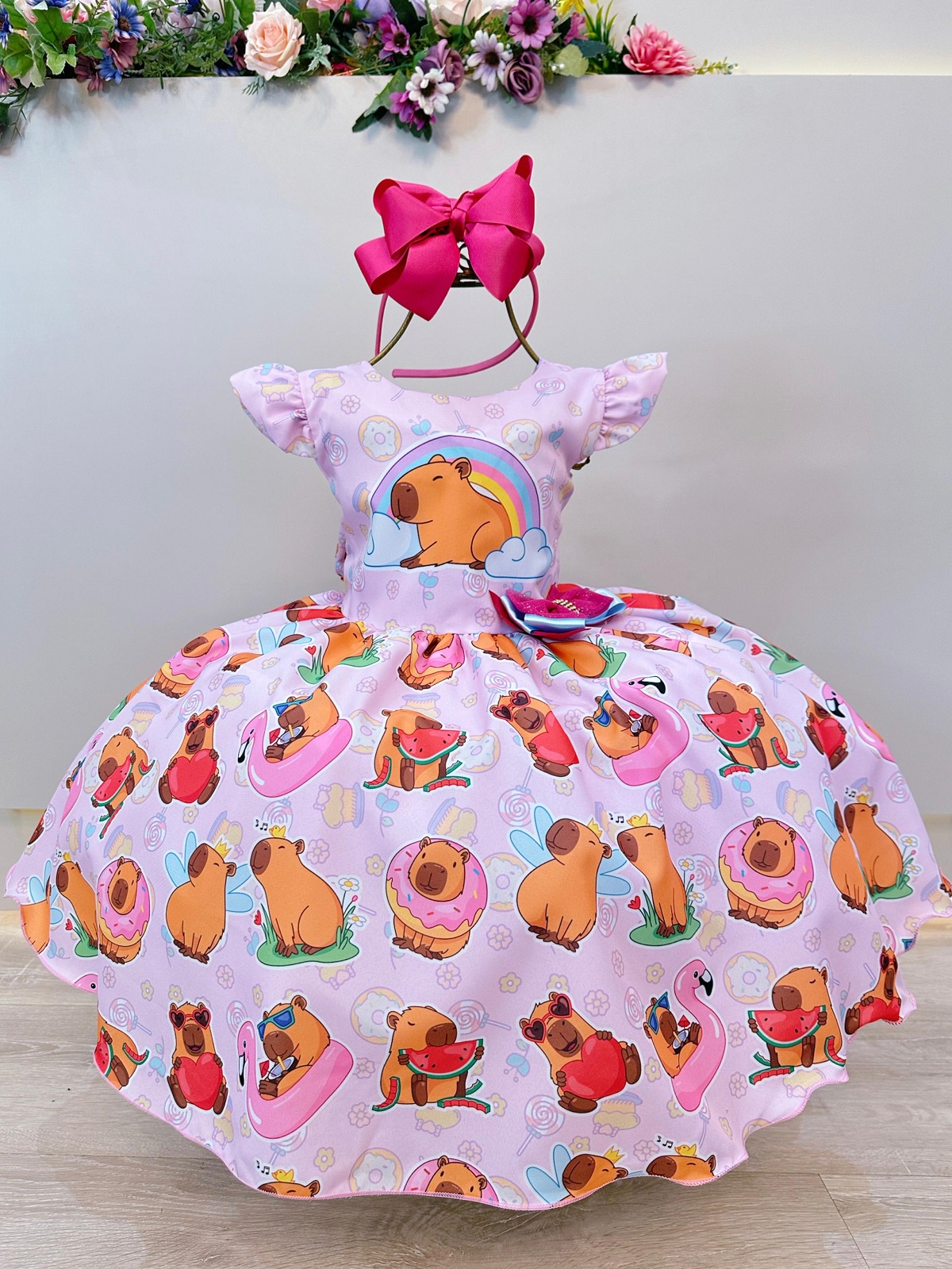 Vestido Infantil Rosa Capivara Doces Festas Aniversários