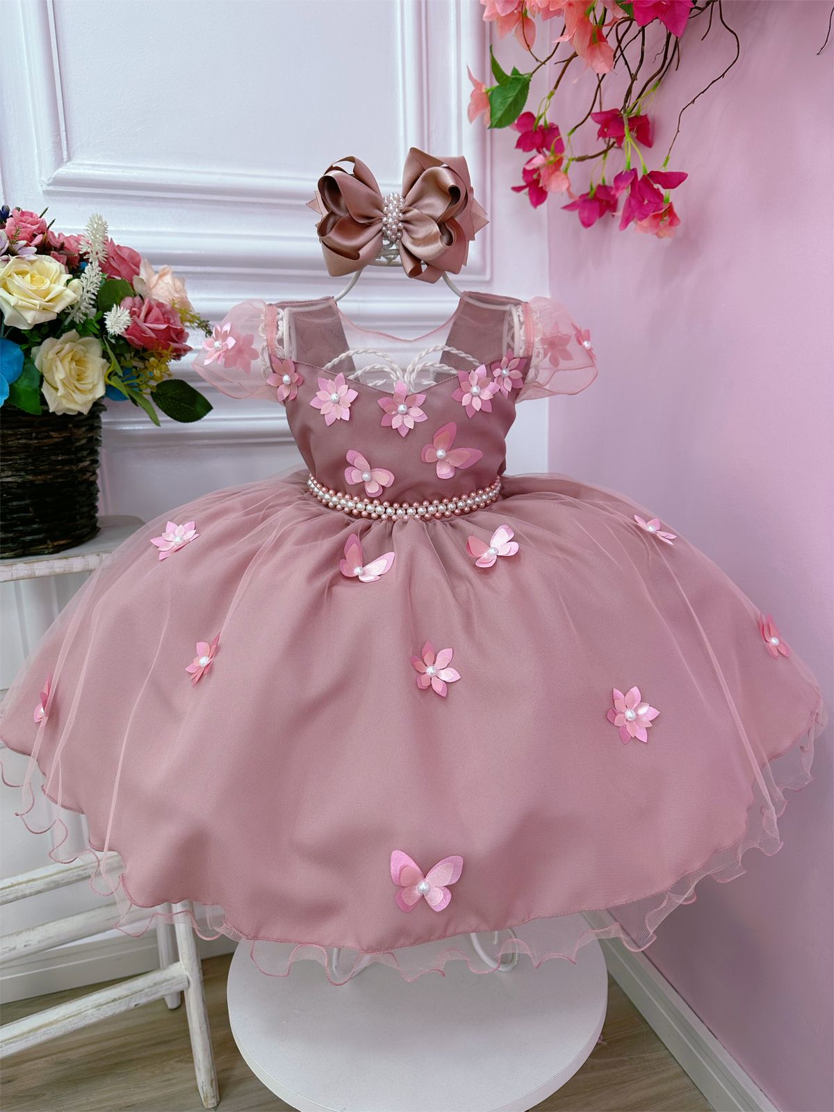 Vestido Infantil Rose C/ Aplique Flores Borboletas e Pérolas