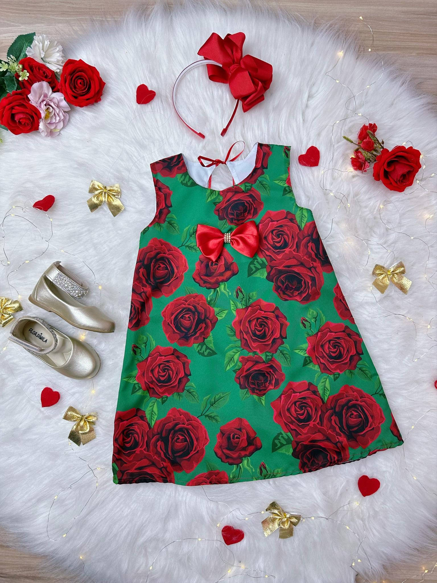 Vestido Infantil Trapézio Verde Florido de Rosas Natal Festa