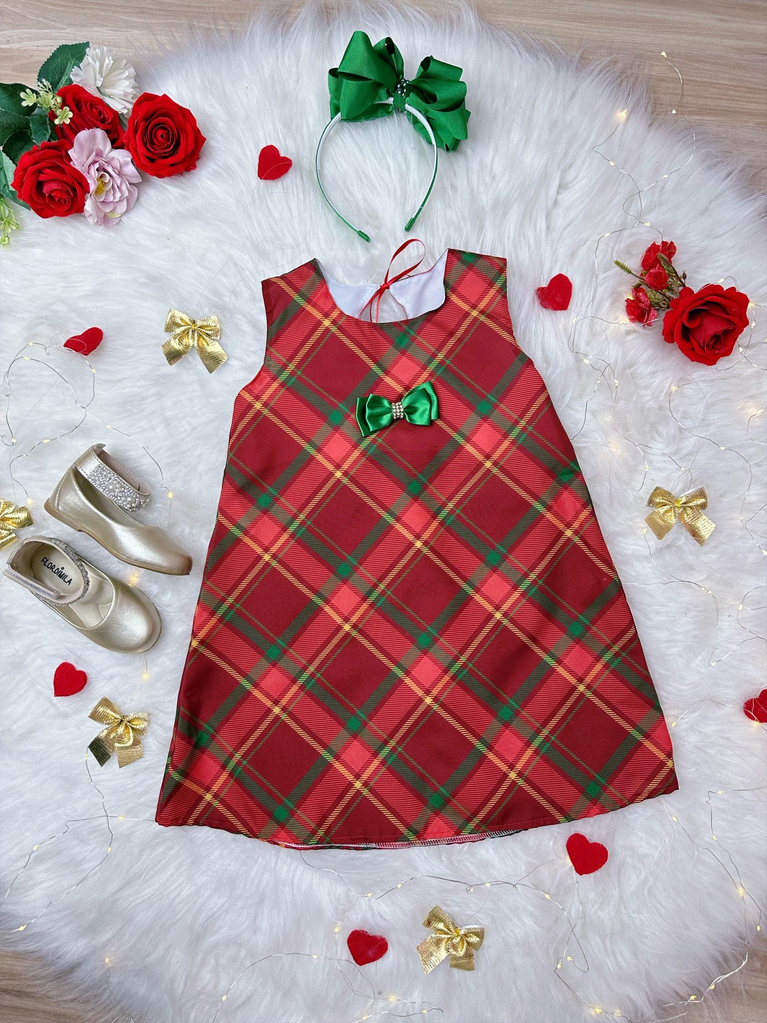 Vestido Infantil Trapézio Vermelho Xadrez Natal Festas