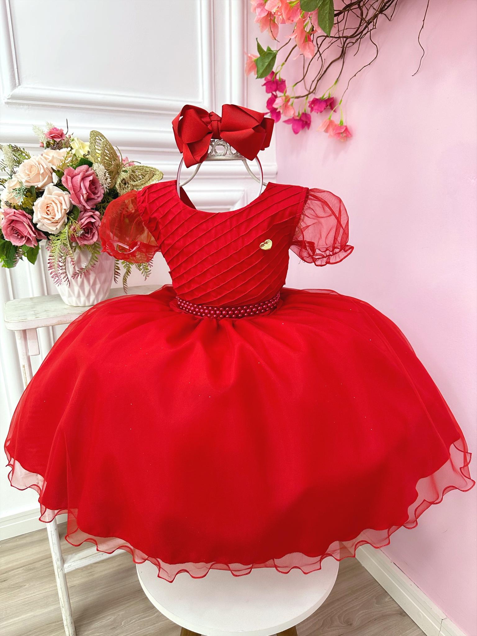 Vestido Infantil Vermelho Busto Plissado Cinto Pérolas Festas