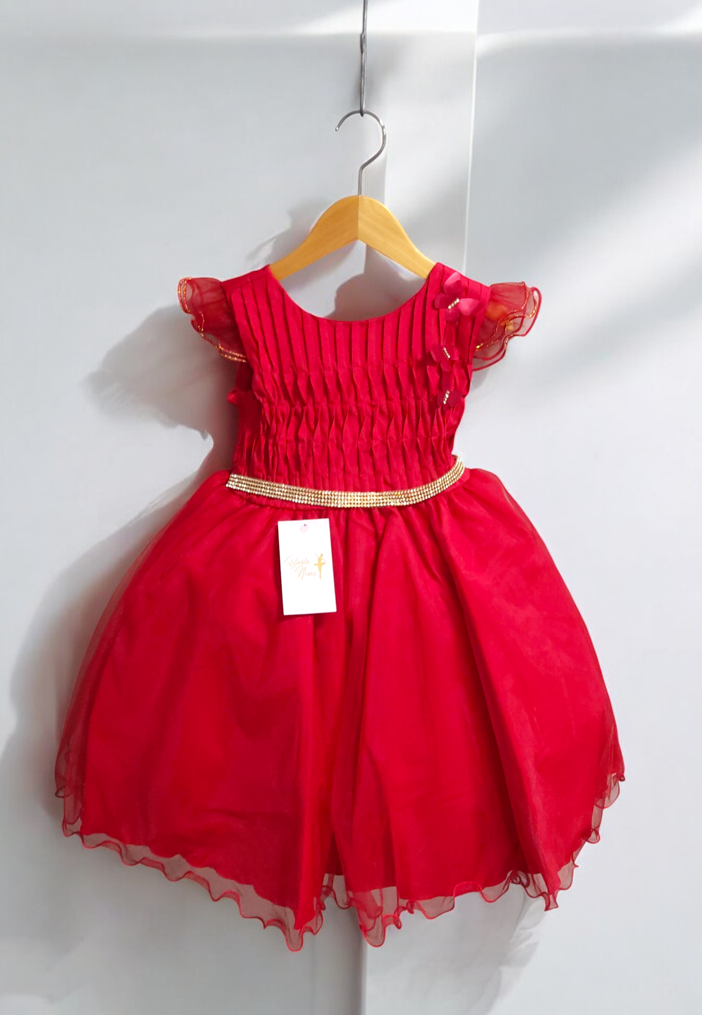 Vestido Infantil Vermelho Busto Plissado Saia Organza Festas