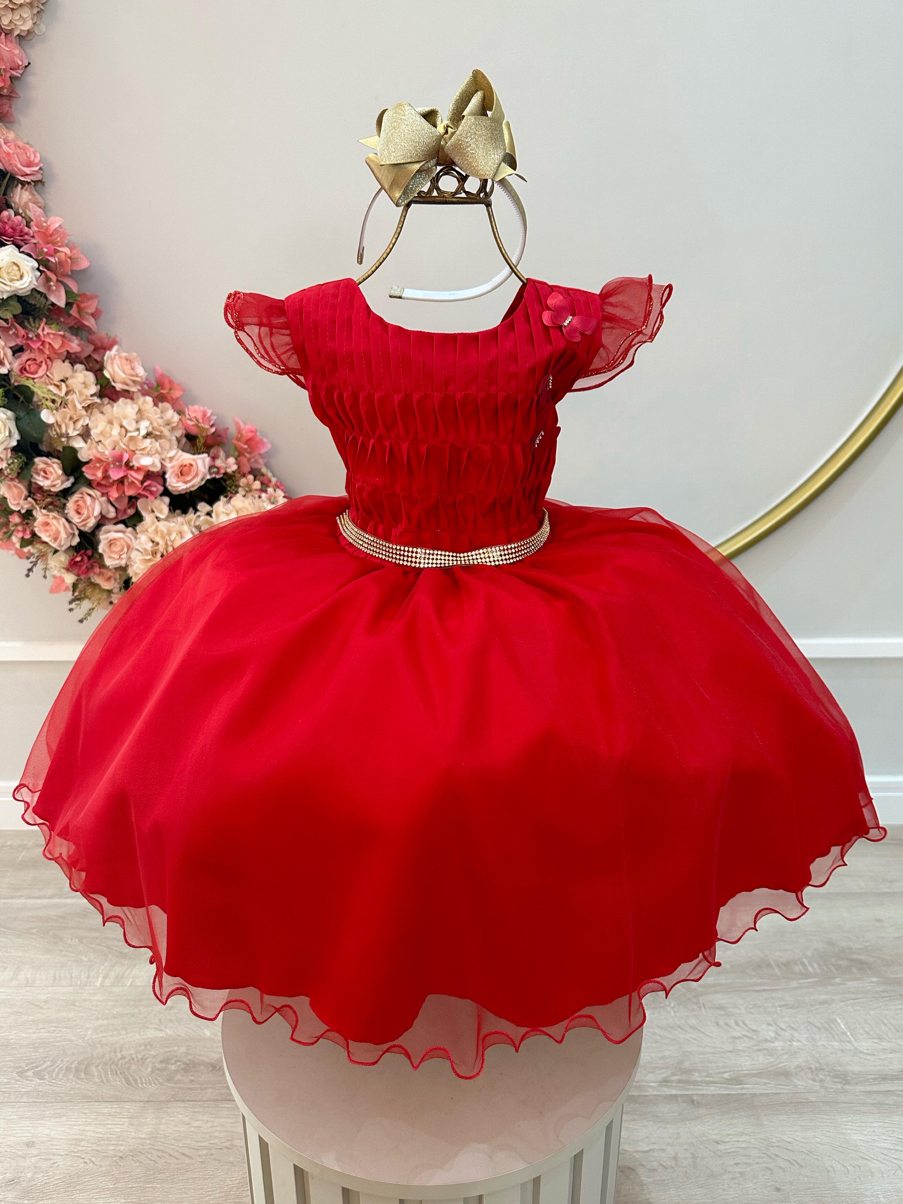 Vestido Infantil Vermelho Busto Plissado Saia Organza Festas