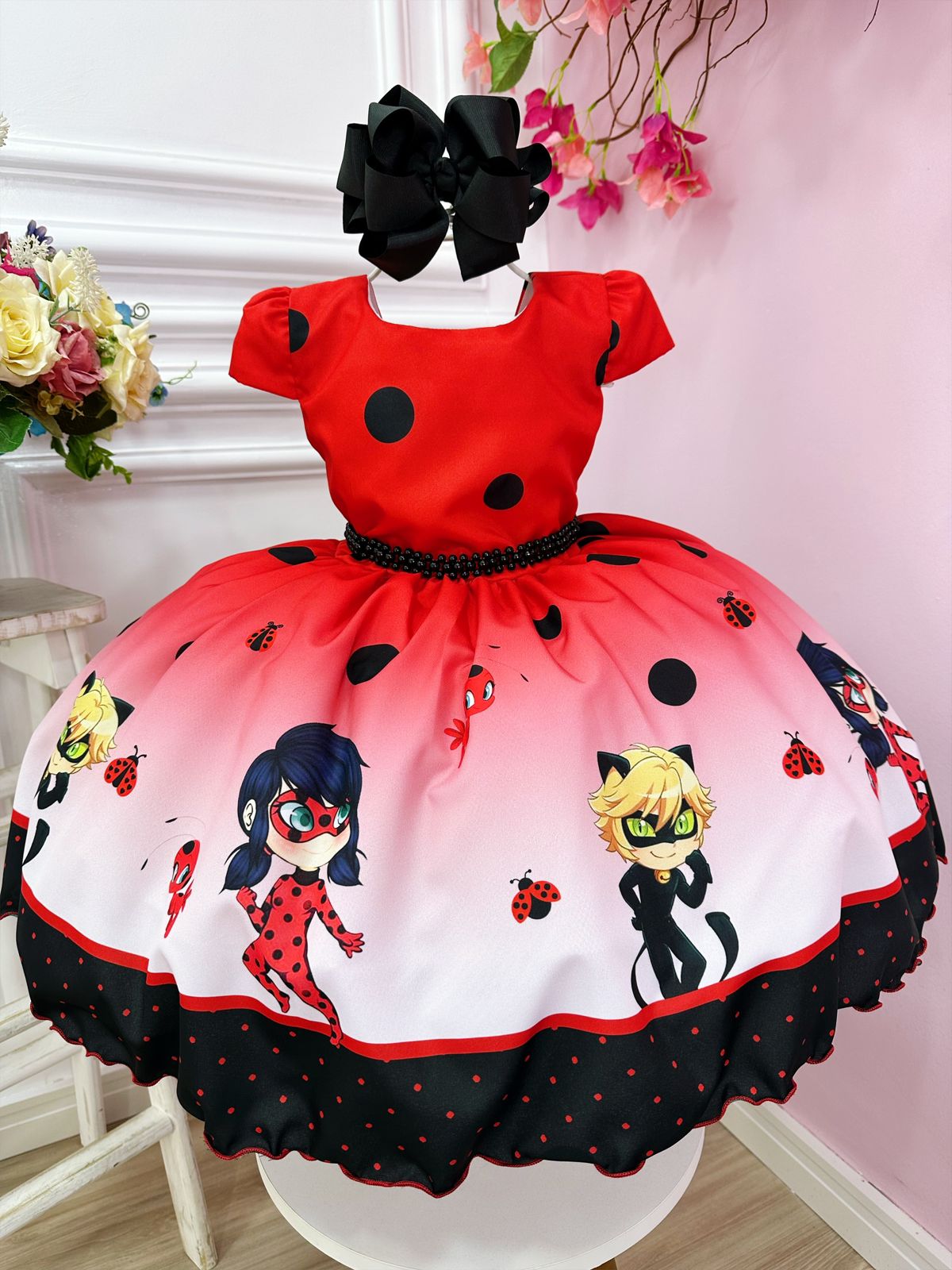 Vestido Infantil Vermelho Ladybug e o Gato Noir Luxo