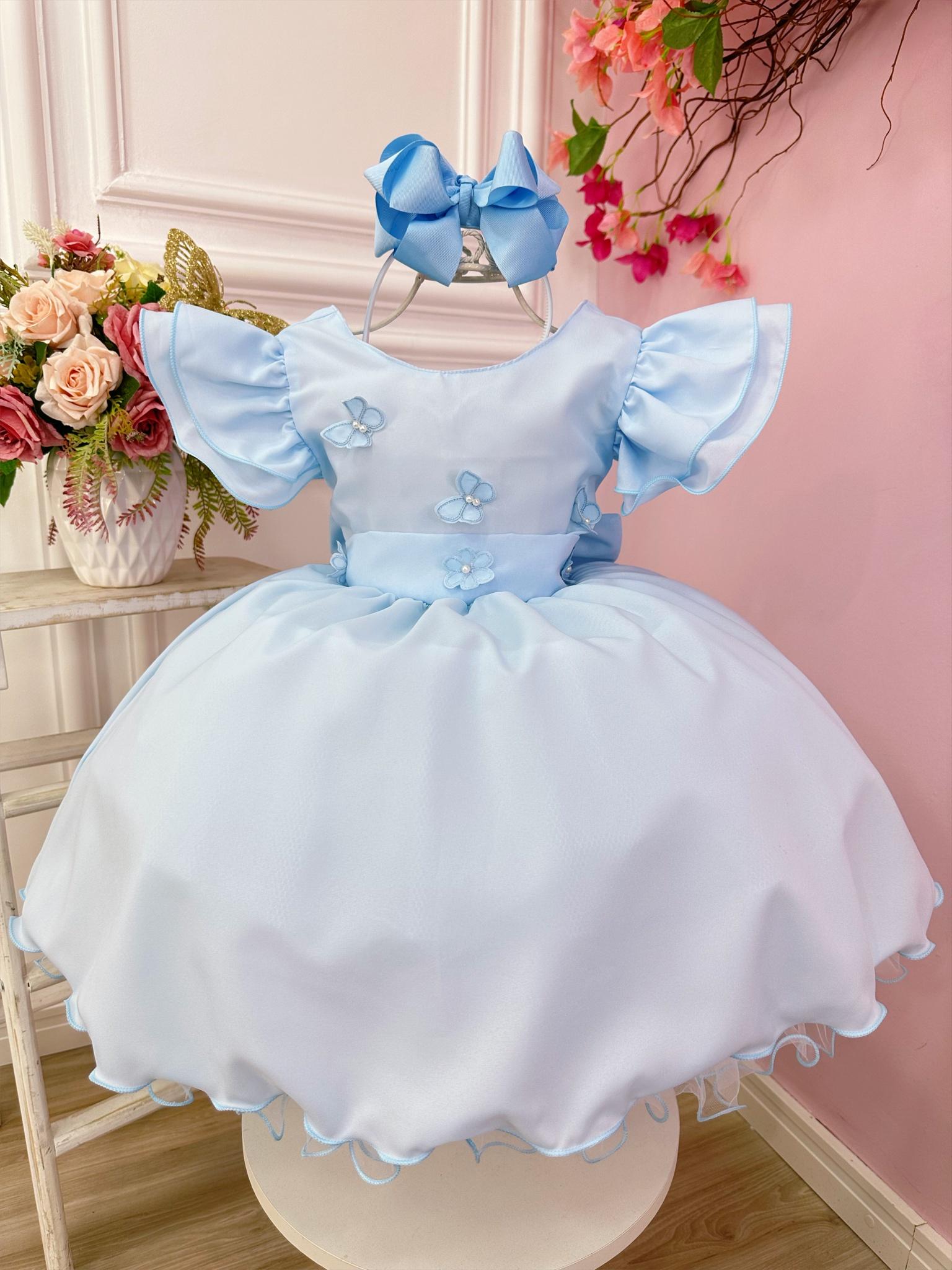 Vestido Infantil Azul Claro C/ Apliques Borboletas e Flores