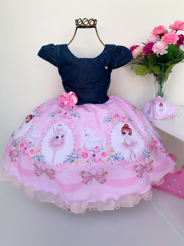 Vestido Infantil Bailarina Rosa Peito Jeans Aplique Flor