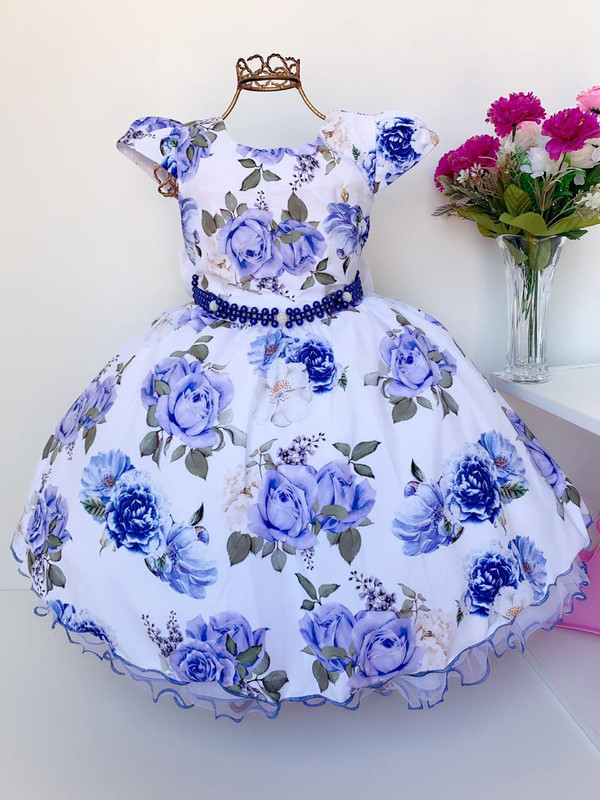 Vestido Infantil Branco Jardim Encantado Flores Azul Pérolas