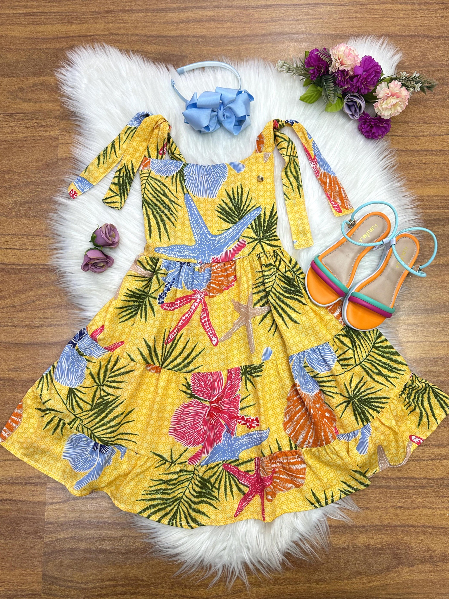 Vestido Infantil Casual Primavera Amarelo Florido Colorido