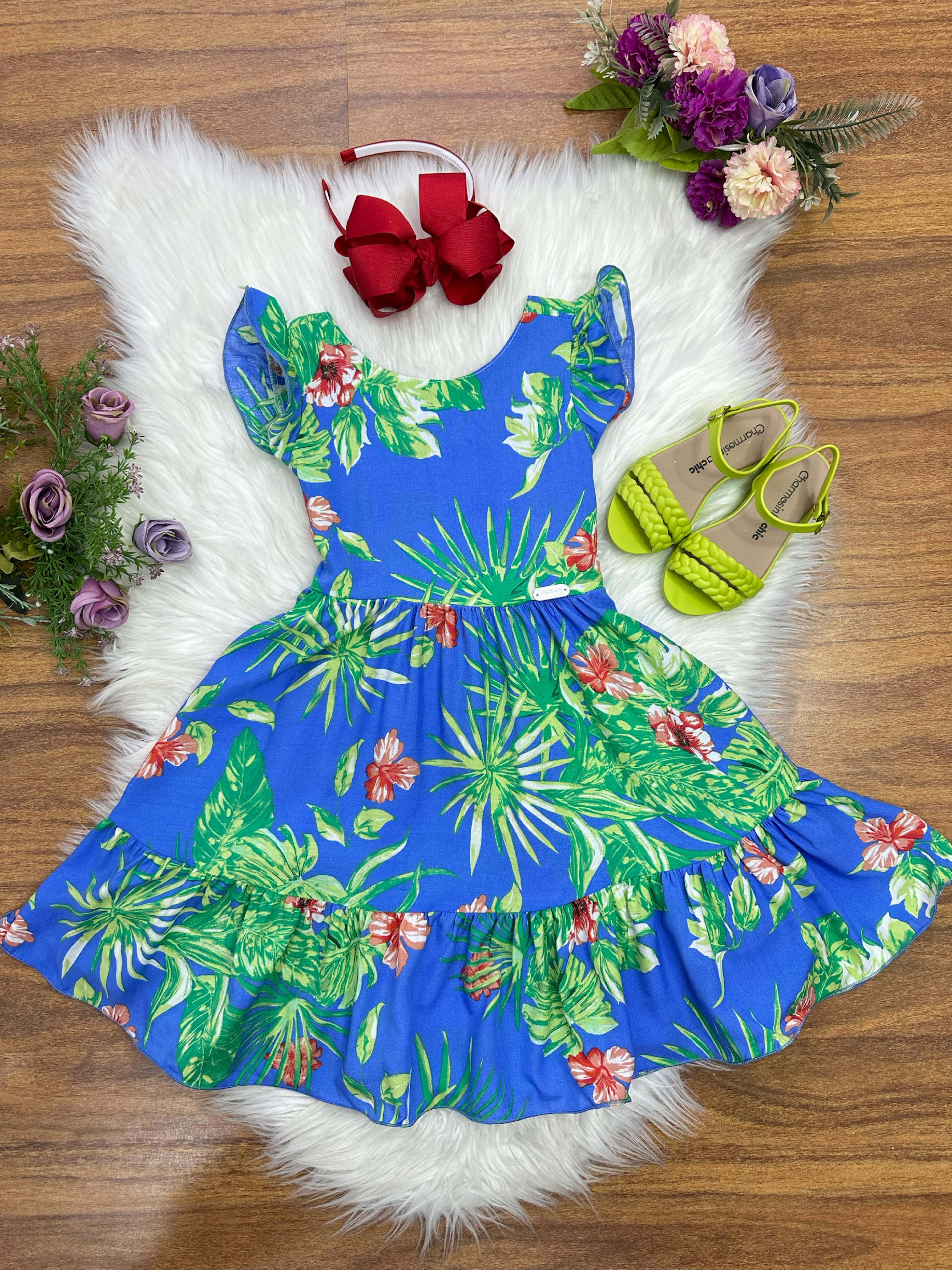 Vestido Infantil Casual Primavera Azul Florido Colorido