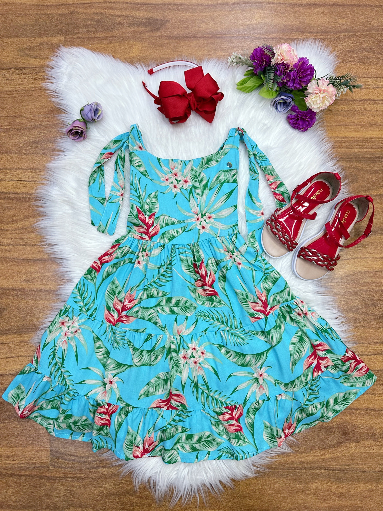 Vestido Infantil Casual Primavera Azul Florido Colorido Luxo