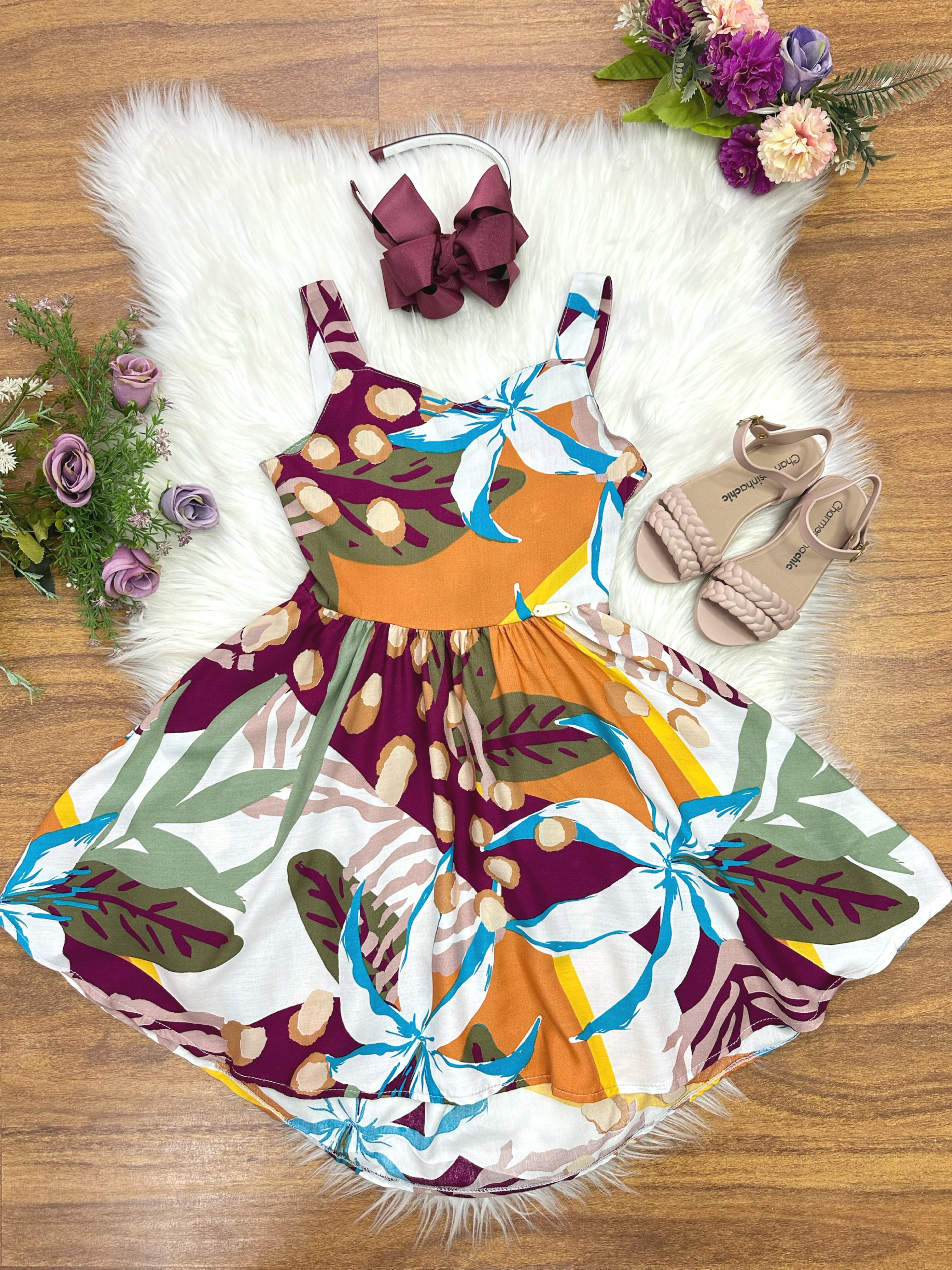 Vestido Infantil Casual Primavera Verão Marsala Florido