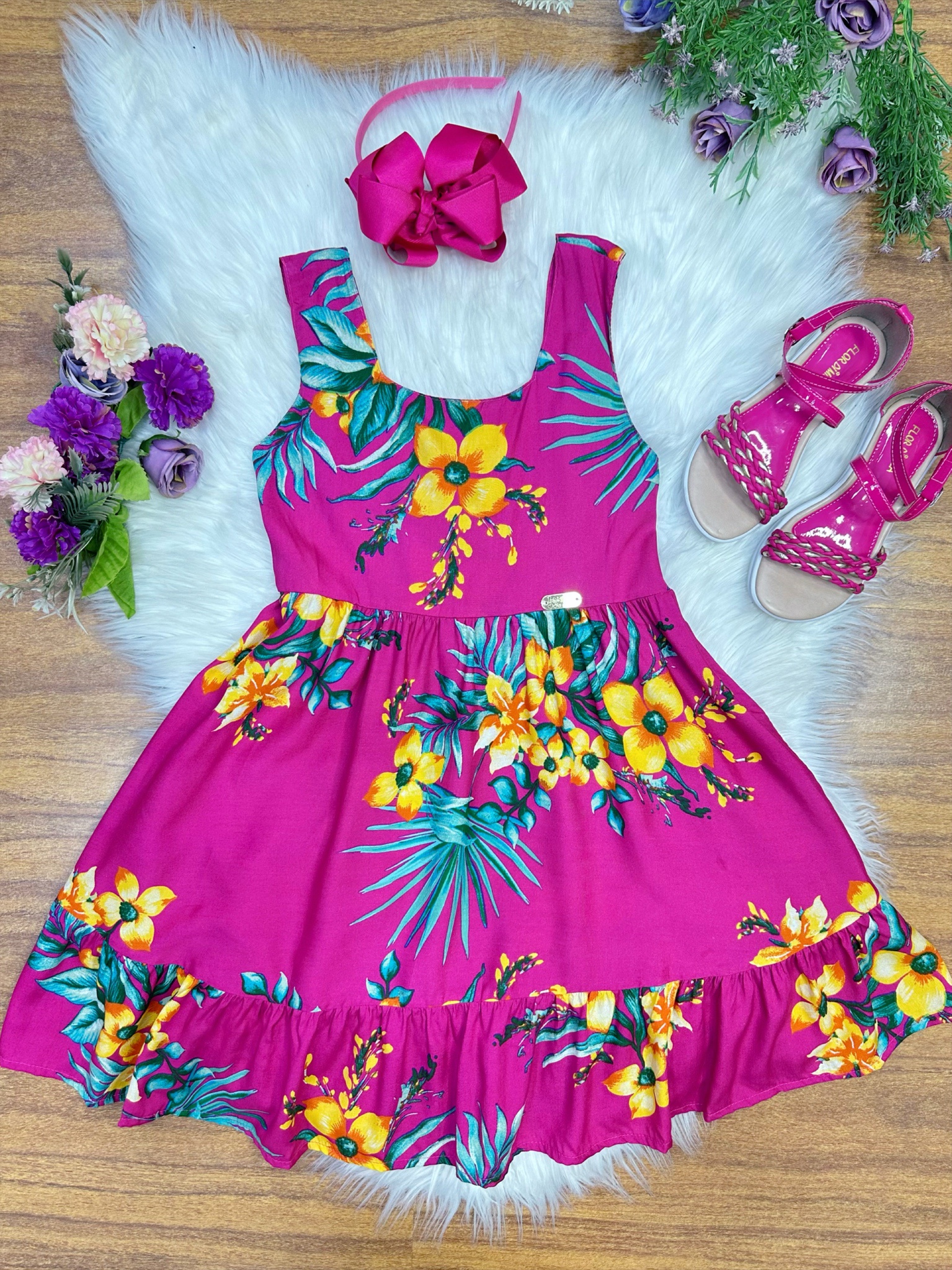 Vestido Infantil Casual Primavera Verão Pink Florido Colorido