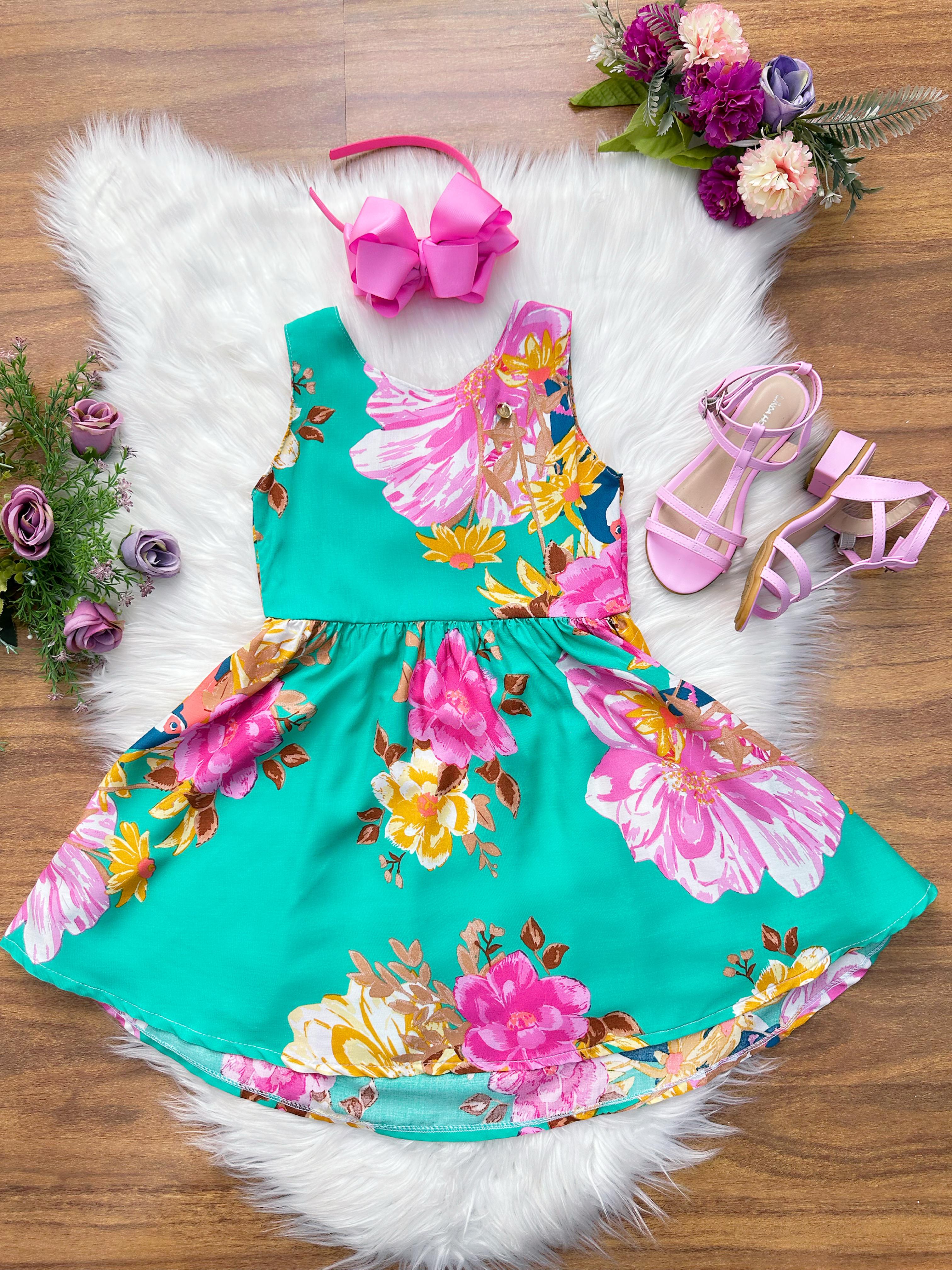 Vestido Infantil Casual Primavera Verão Verde Florido
