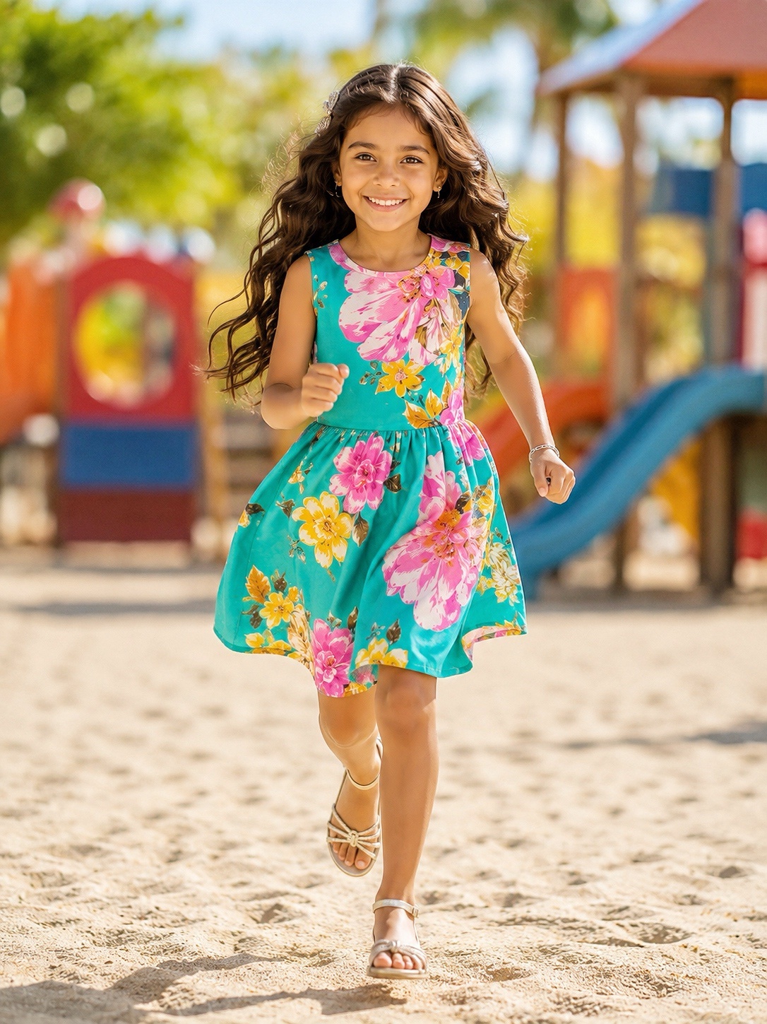 Vestido Infantil Casual Viscose, Primavera Verão Verde Florido