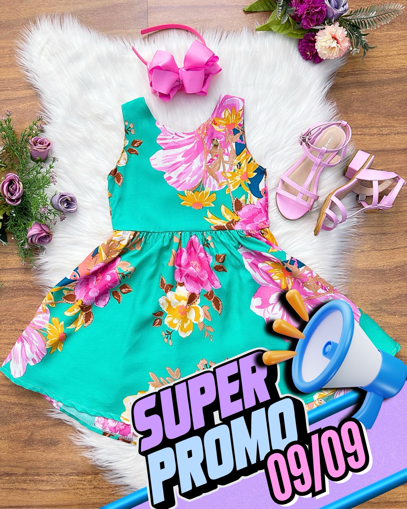 Vestido Infantil Casual Viscose, Primavera Verão Verde Florido