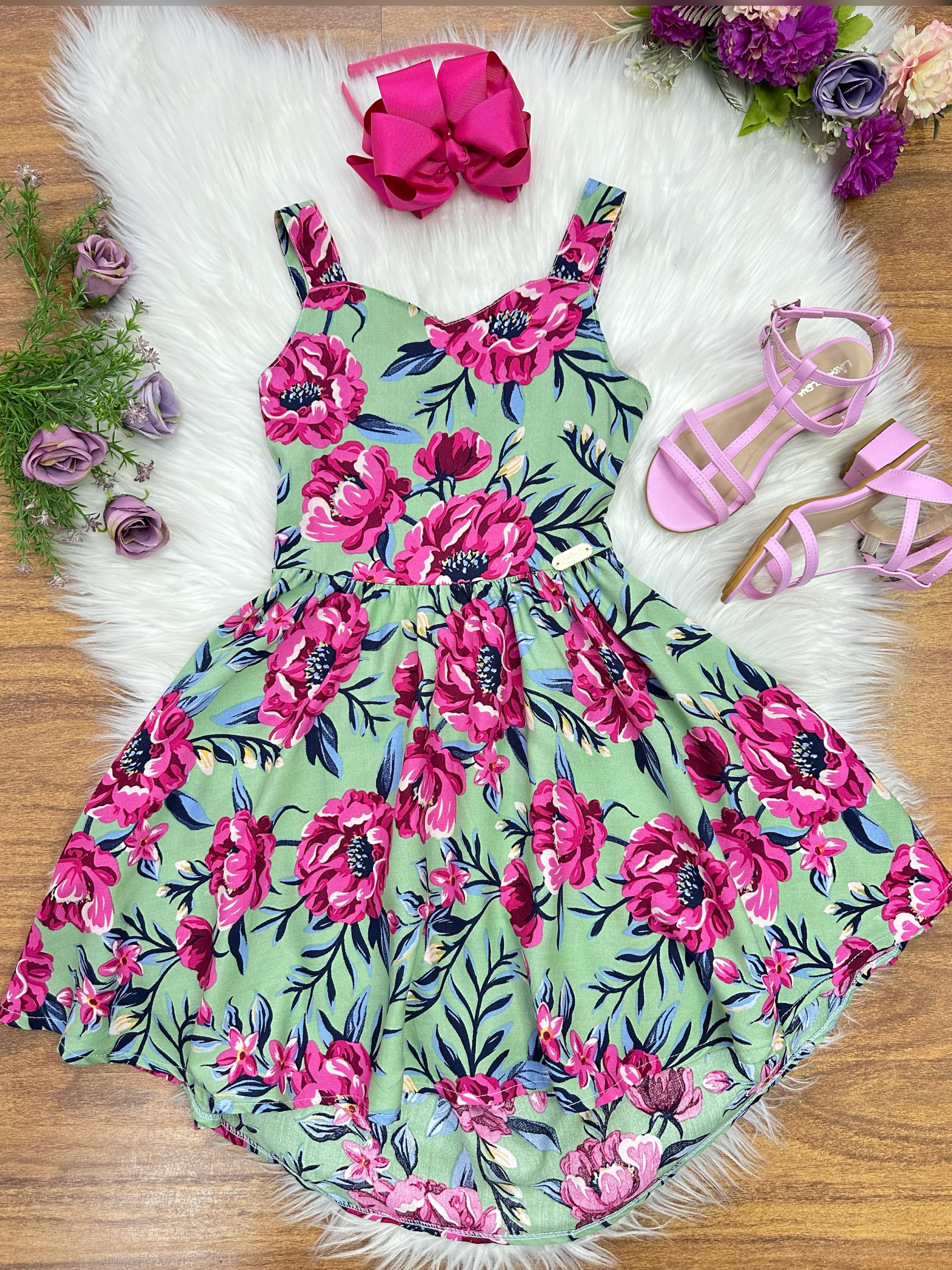 Vestido Infantil Casual Primavera Verão Verde Florido Colorido
