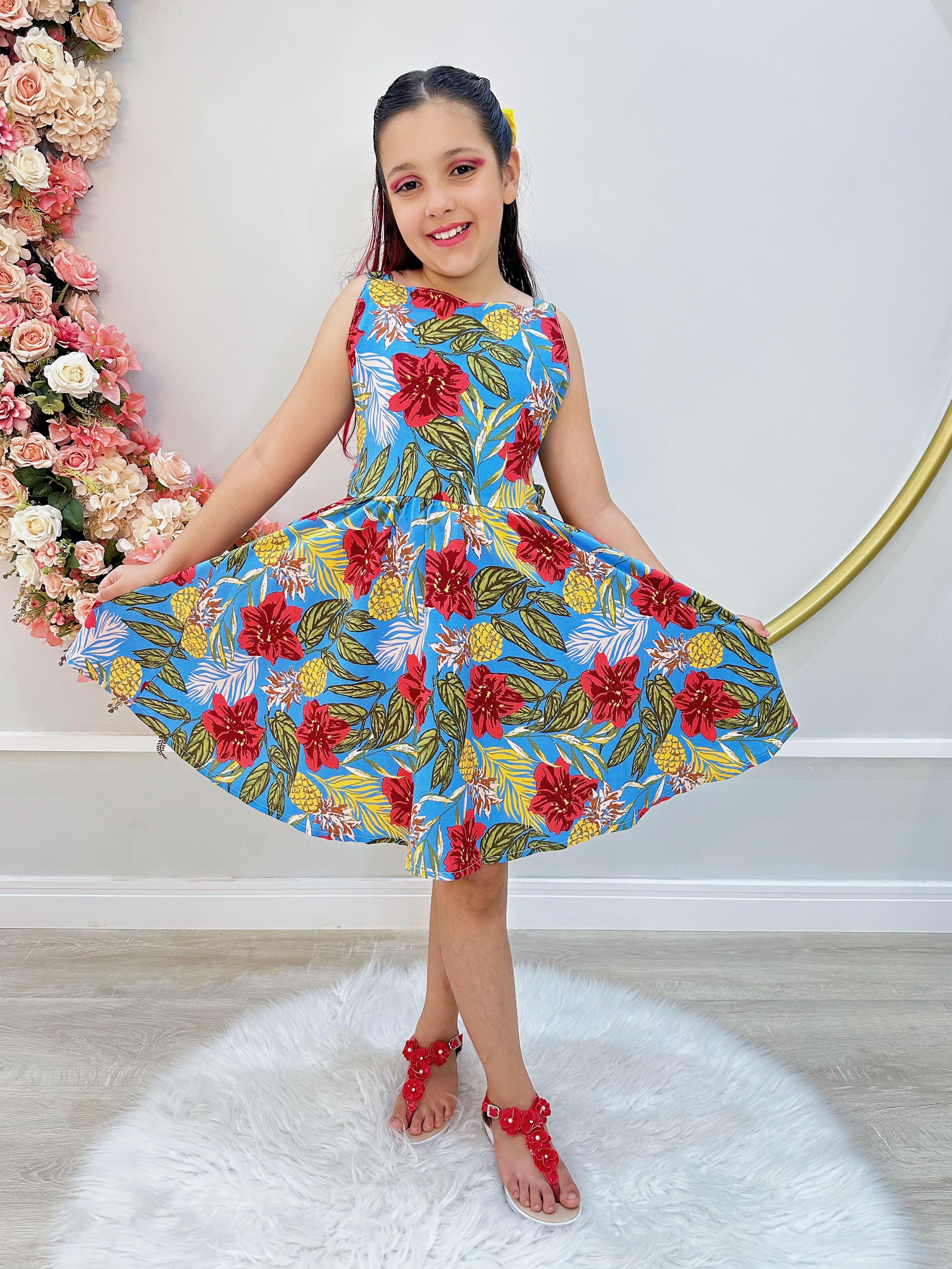 Vestido Infantil de Alça Primavera Verão Azul Colorido Casual