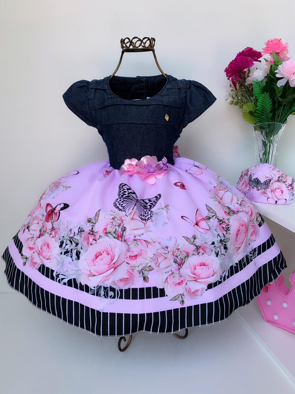 Vestido Infantil Jardim das Borboletas Rosa Luxo Princesas