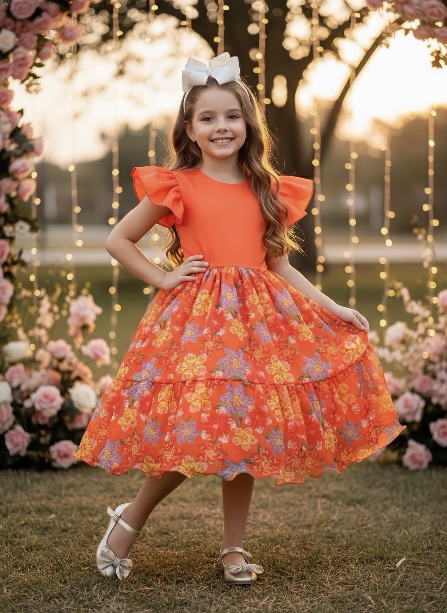 Vestido Infantil Laranja Com Saia Florida Colorida Luxo