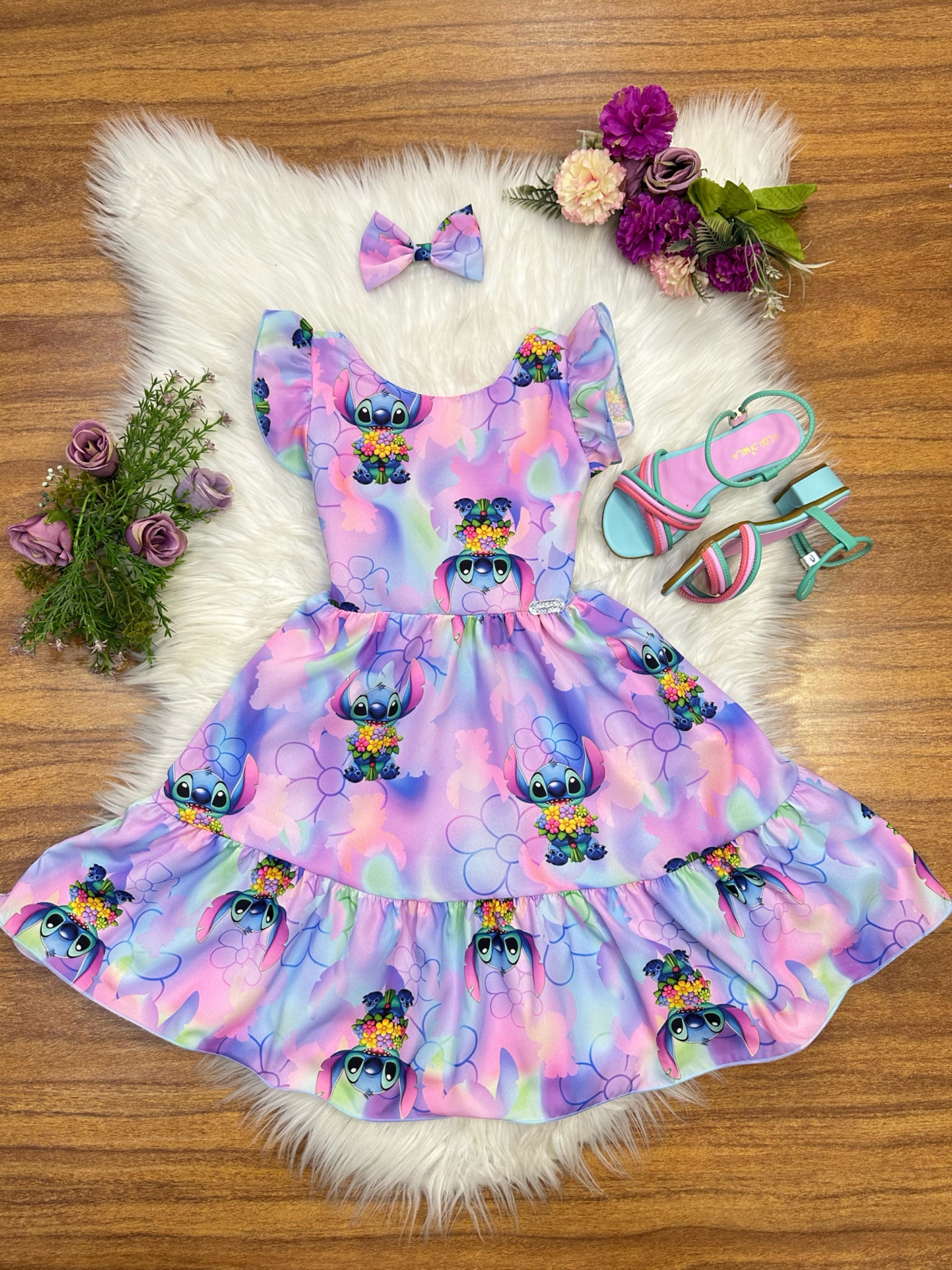 Vestido Infantil Lilo Stitch e Angel C/ Laço Lilás Colorido