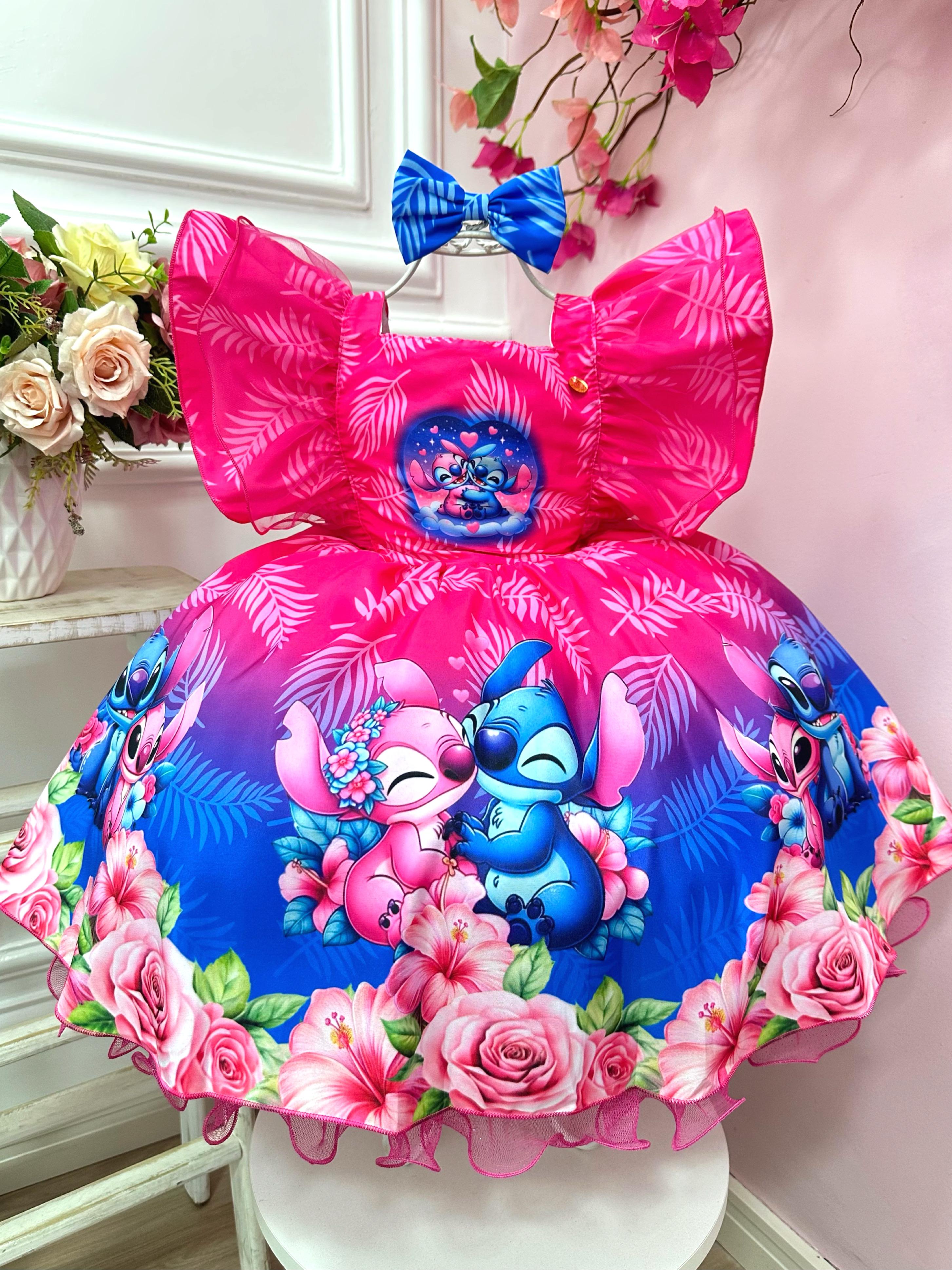 Vestido Infantil Pink  Azul Lilo Stitch e Angel C/ Laço Festas
