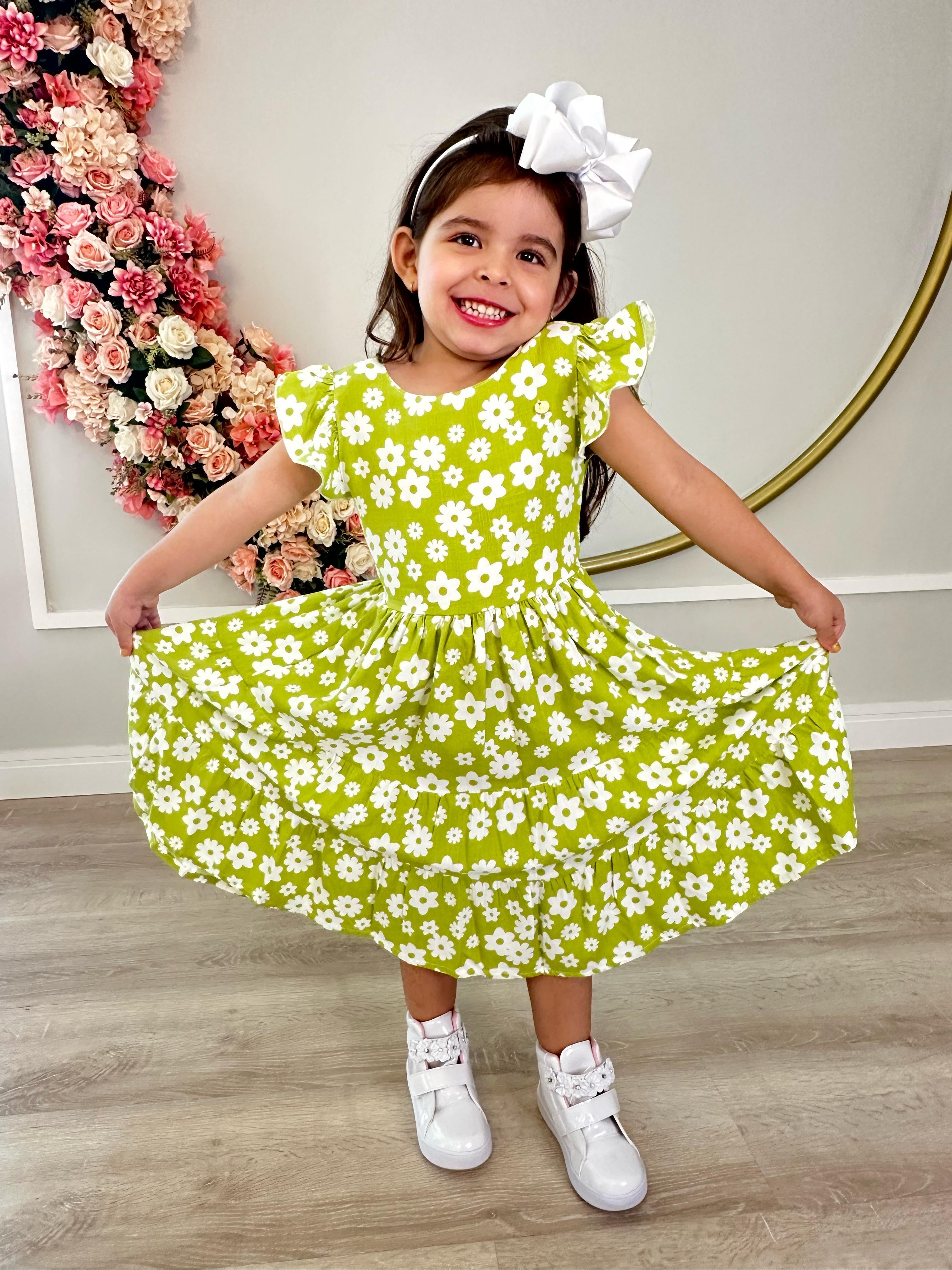 Vestido Infantil Primavera Verão Verde Lima C/ Margaridas Casual