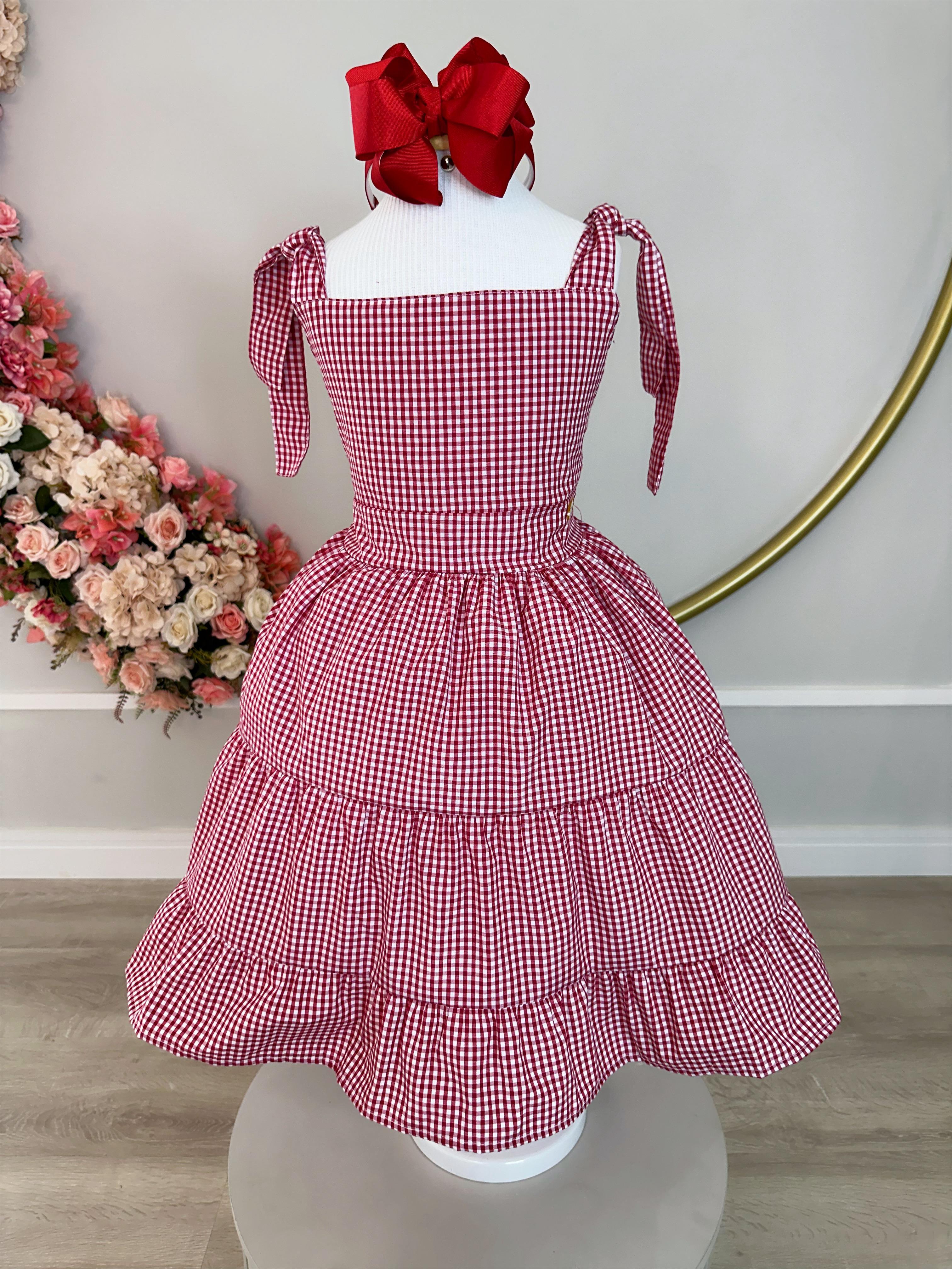 Vestido Infantil Primavera Verão Xadrez Vermelho e Branco