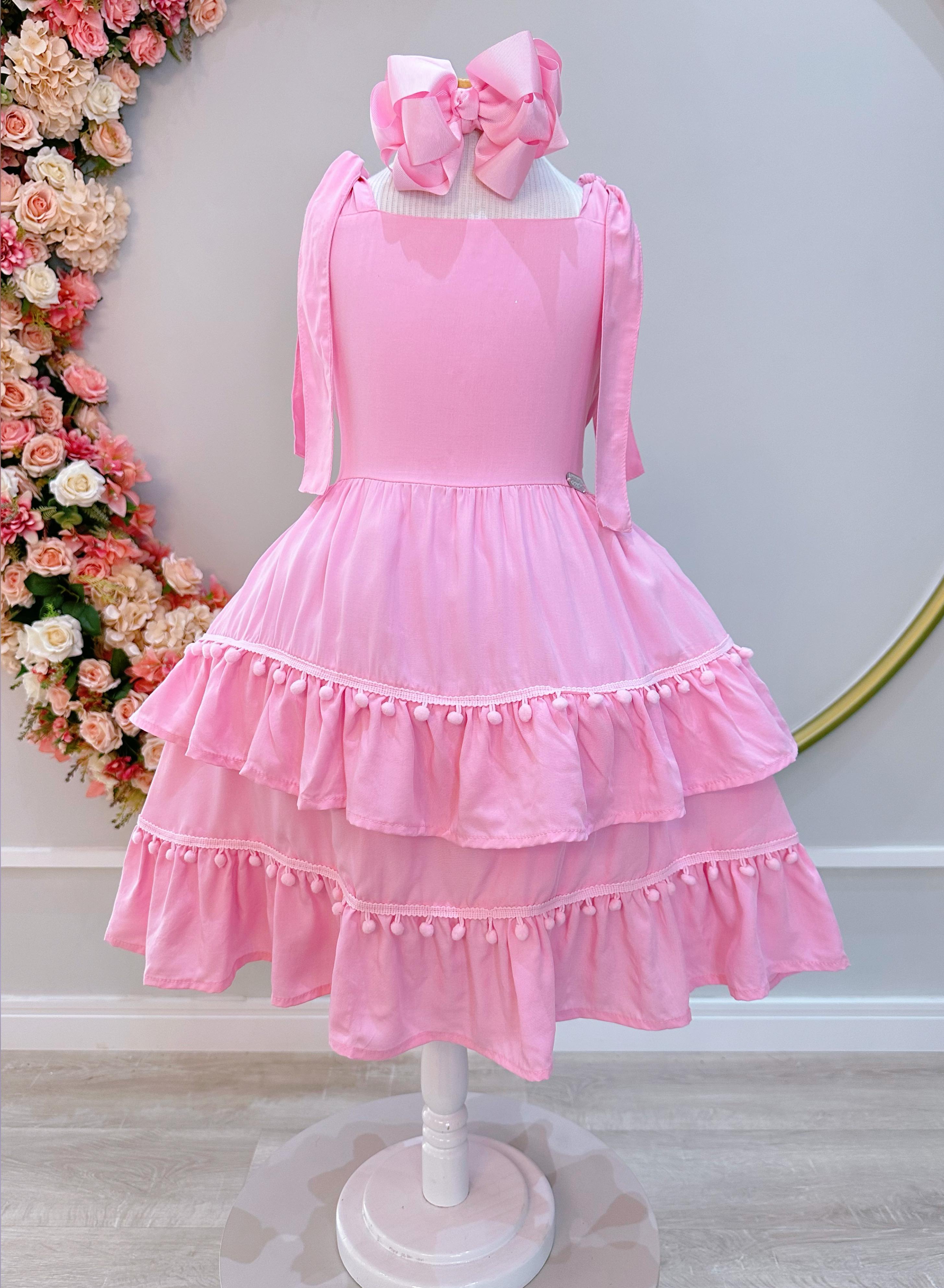 Vestido Infantil Rosa Claro de Alça Casual Luxo