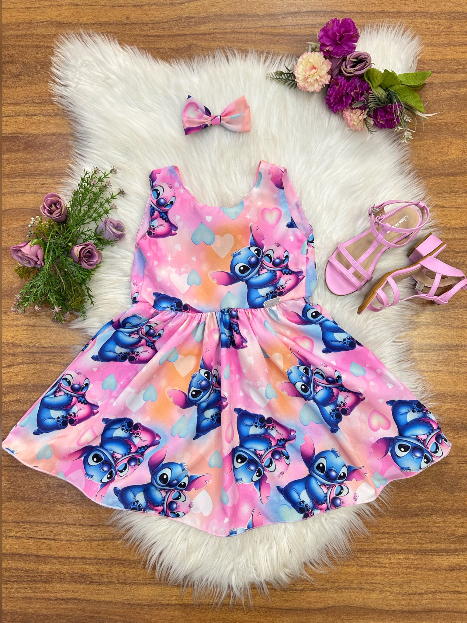 Vestido Infantil Rosa Colorido Lilo Stitch e Angel C/ Laço