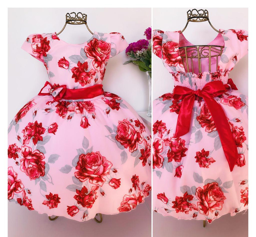 Vestido Infantil Rosa Flores Vermelhas Luxo Princesas
