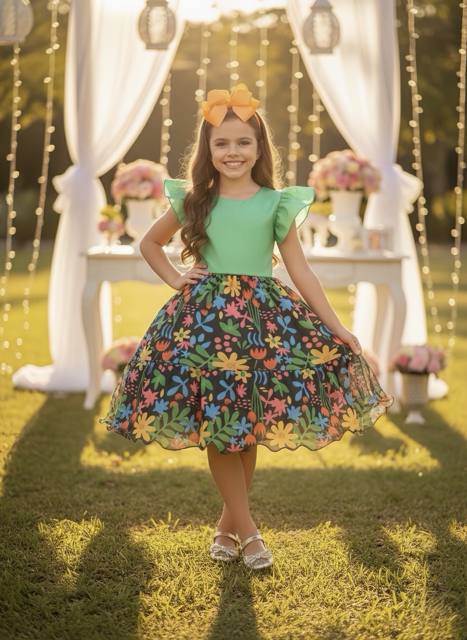 Vestido Infantil Verde Com Saia Florida Colorida Luxo