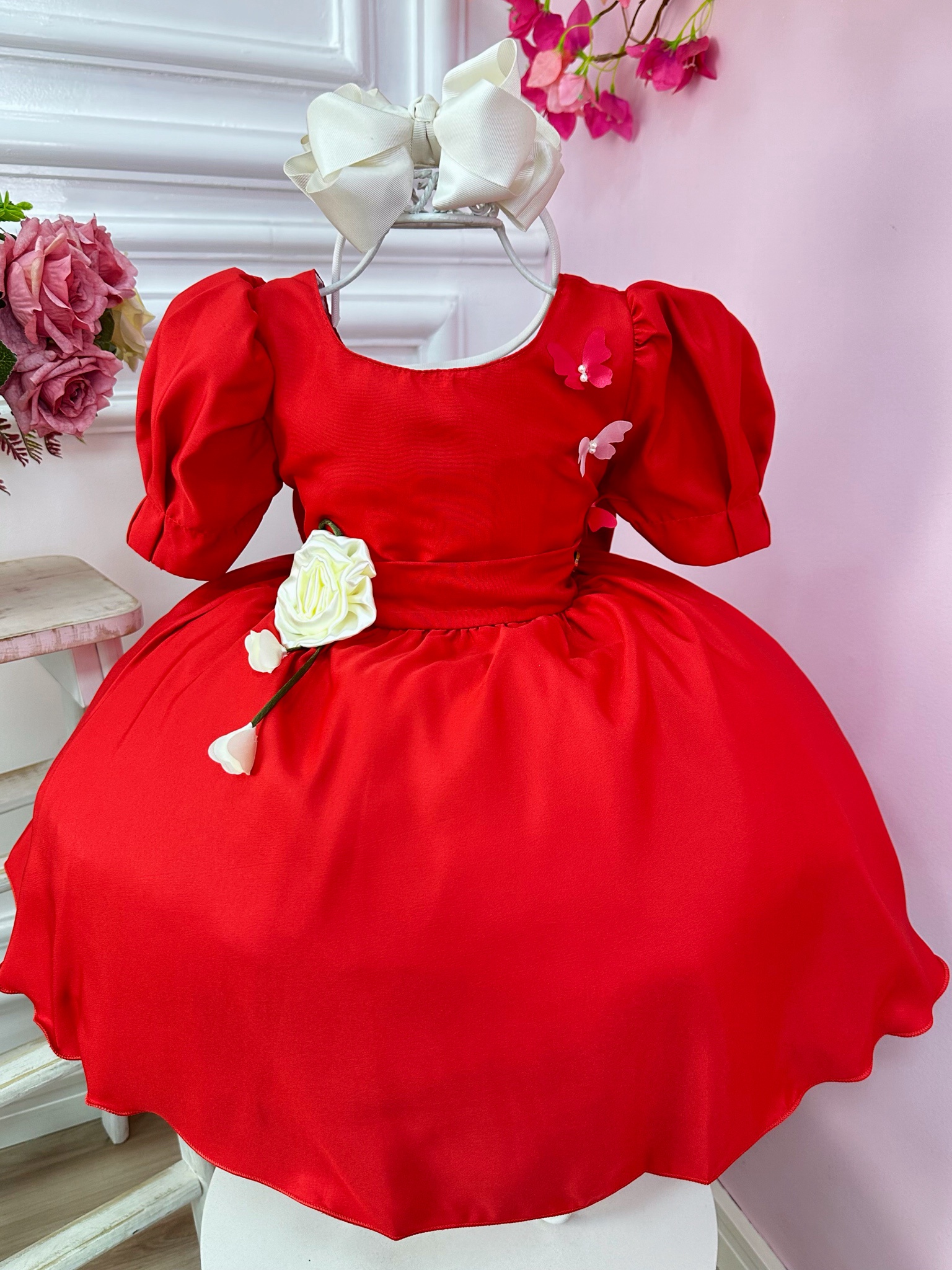 Vestido Infantil Vermelho Broche Flores Aplique Borboletas