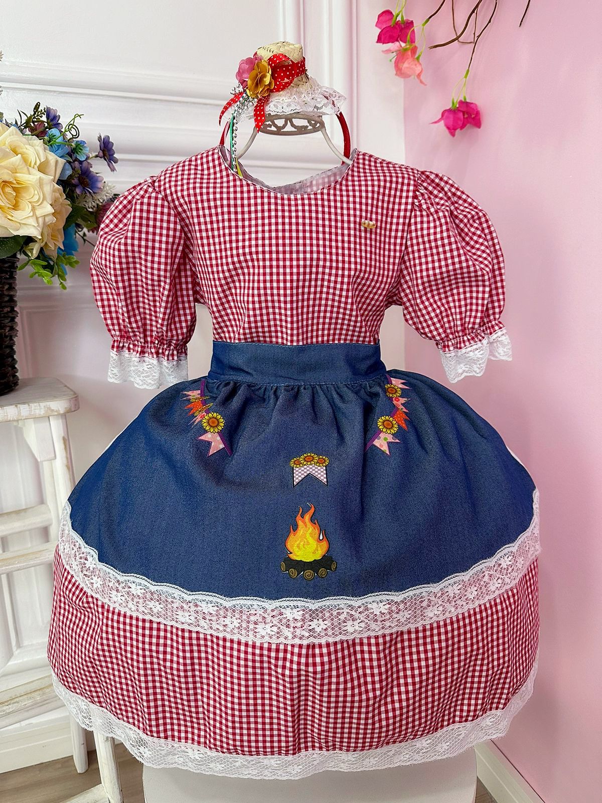 Vestido Infantil de Festa Junina Luxo Preto Xadrez e Laço Pink + Bolsinha