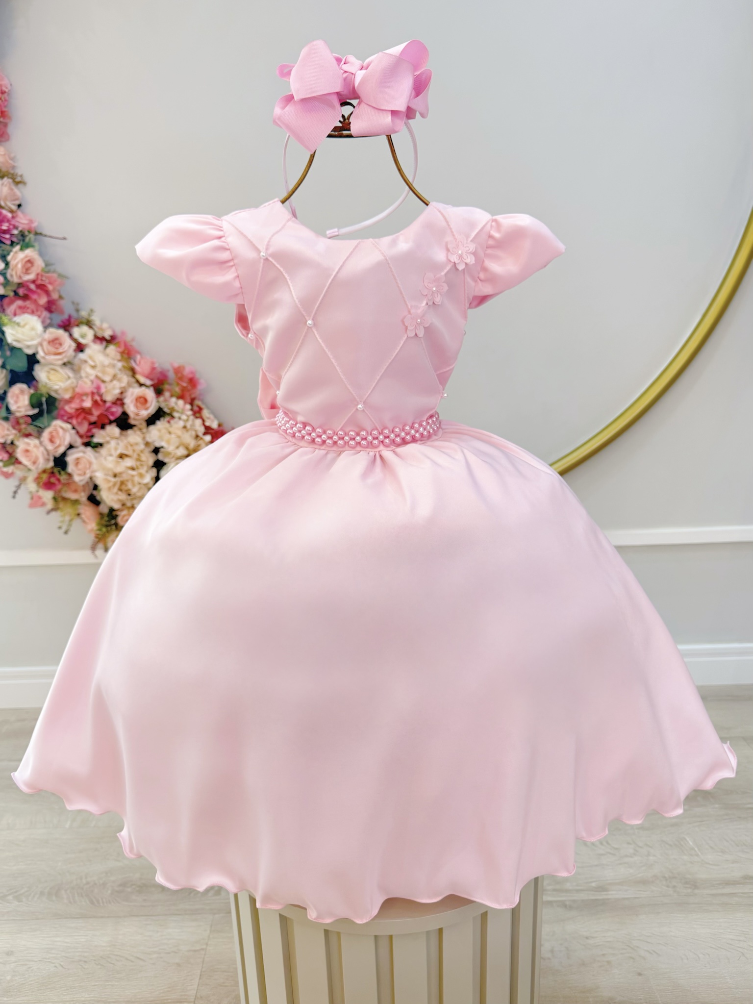 Vestido Infantil Rosa Busto C/ Nervuras Flores Festas Luxo