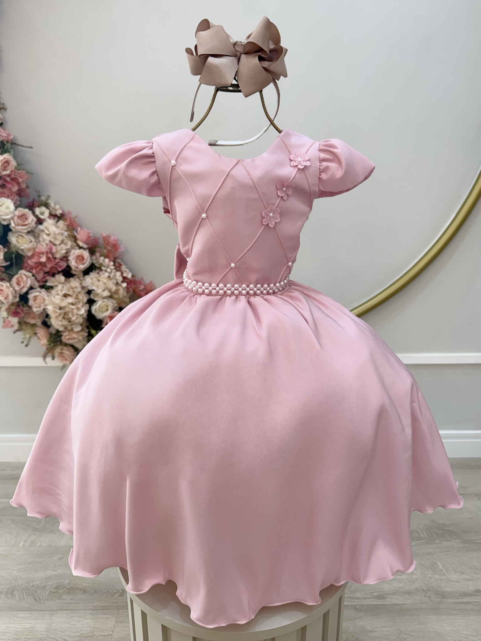 Vestido Infantil Rose Busto C/ Nervuras Flores Festas Luxo