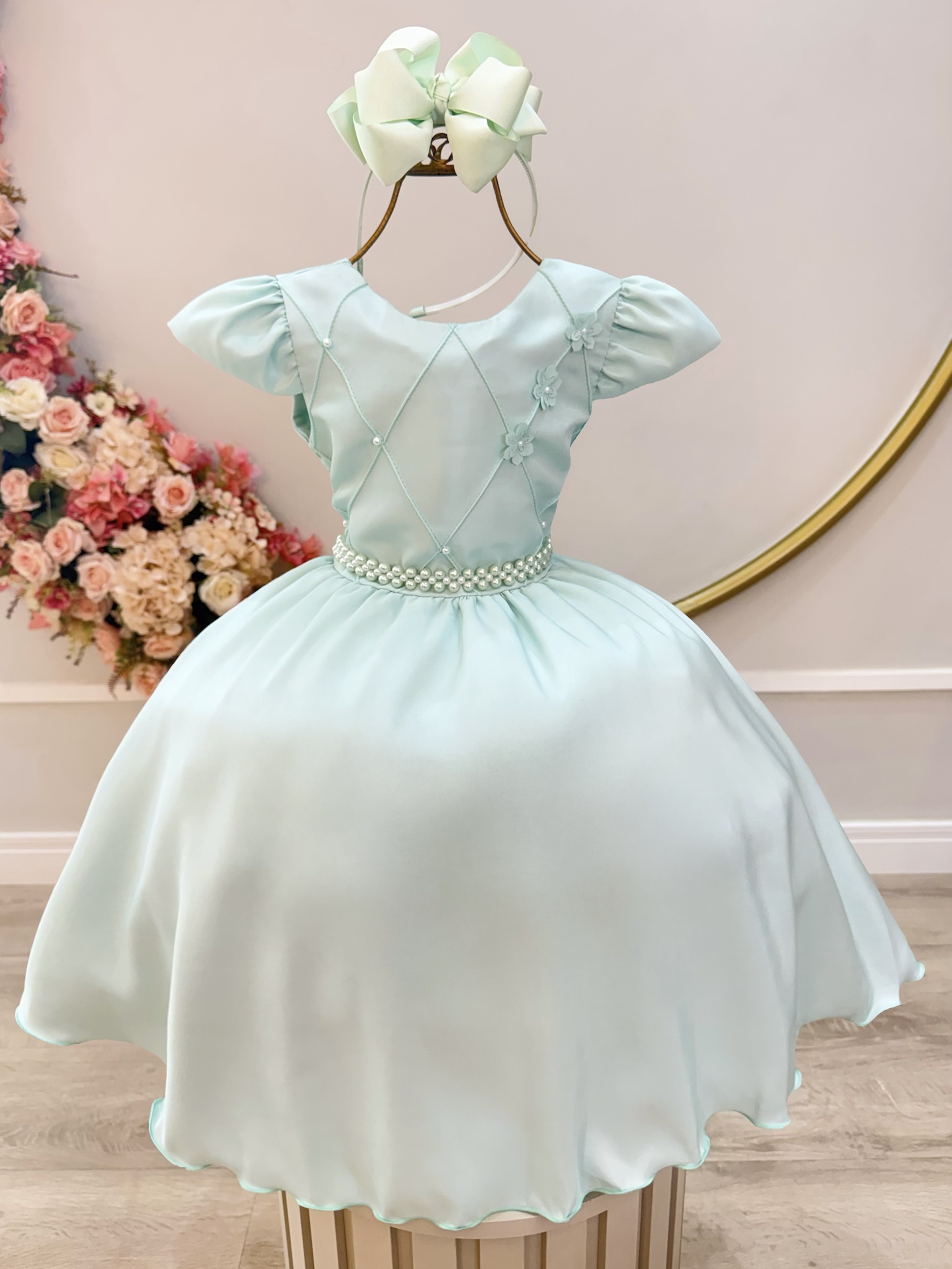 Vestido Infantil Verde Menta Busto C/ Nervuras Flores Festas