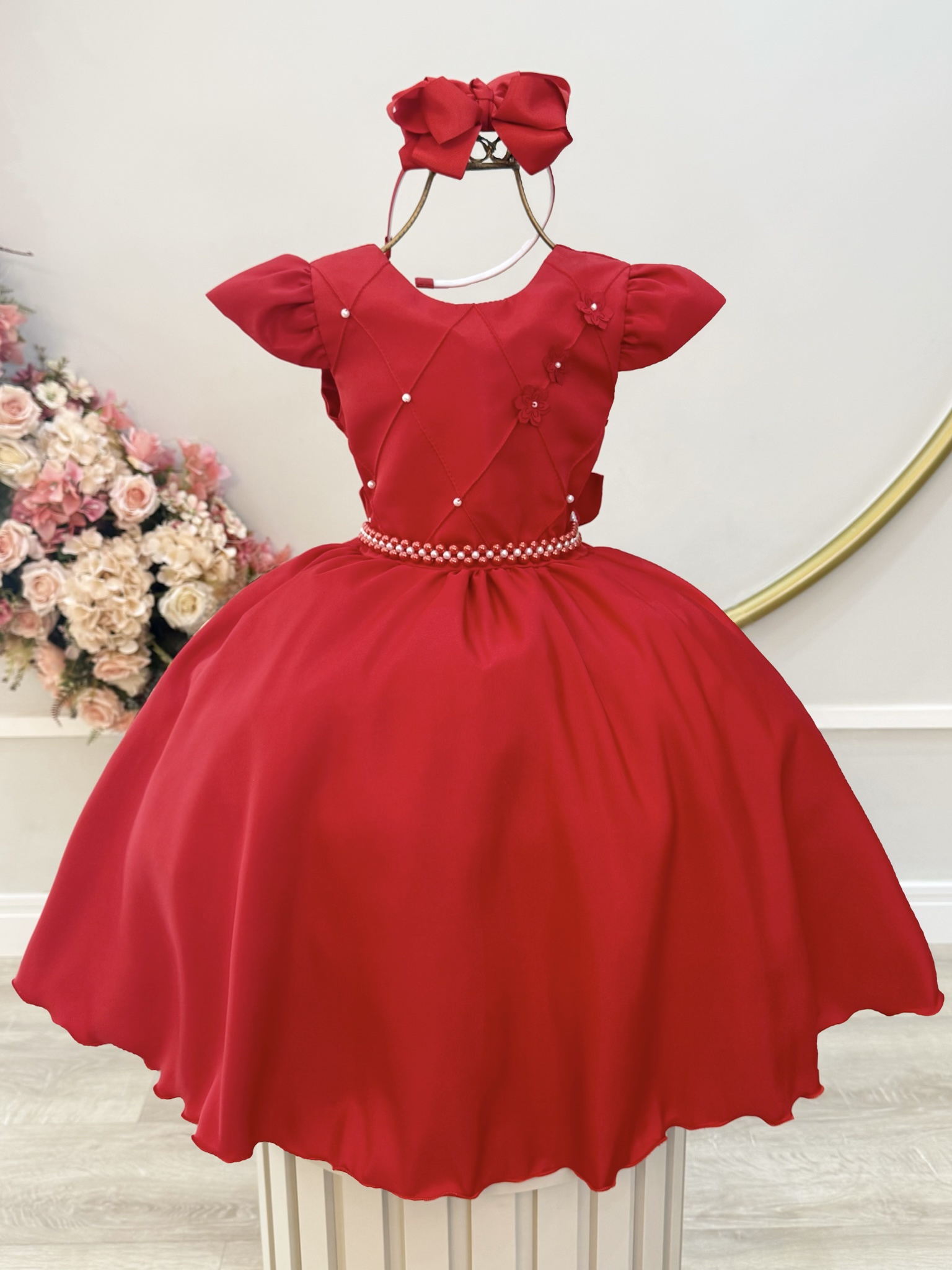 Vestido Infantil Vermelho Busto C/ Nervuras Flores Festas Luxo