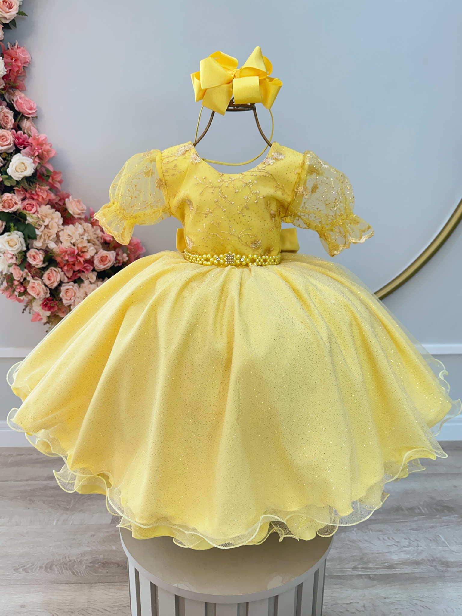 Vestido Infantil Amarelo Com Renda Festas Daminhas Luxo