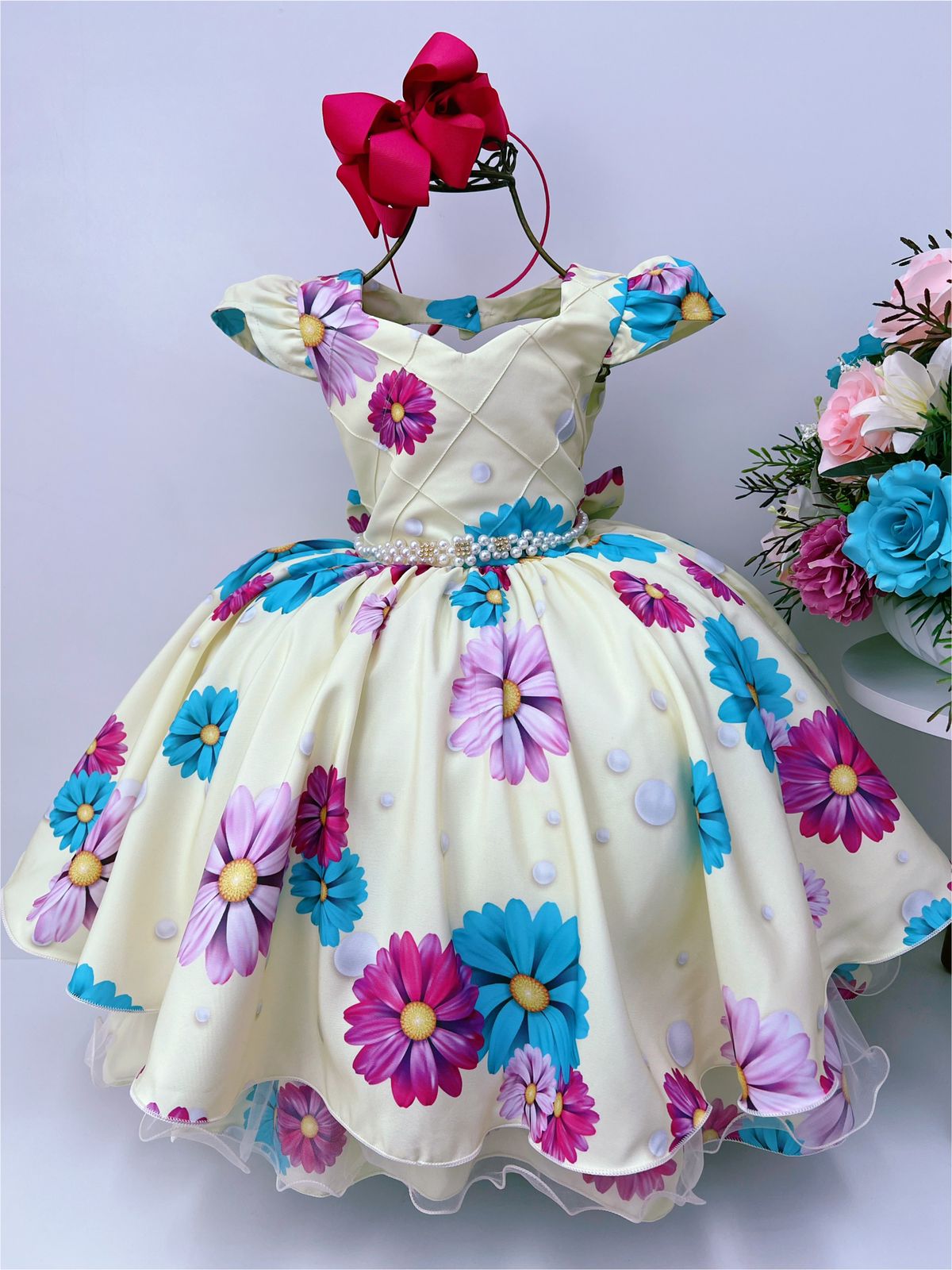 Vestido Infantil Amarelo Margaridas Cinto Pérolas Stass Luxo