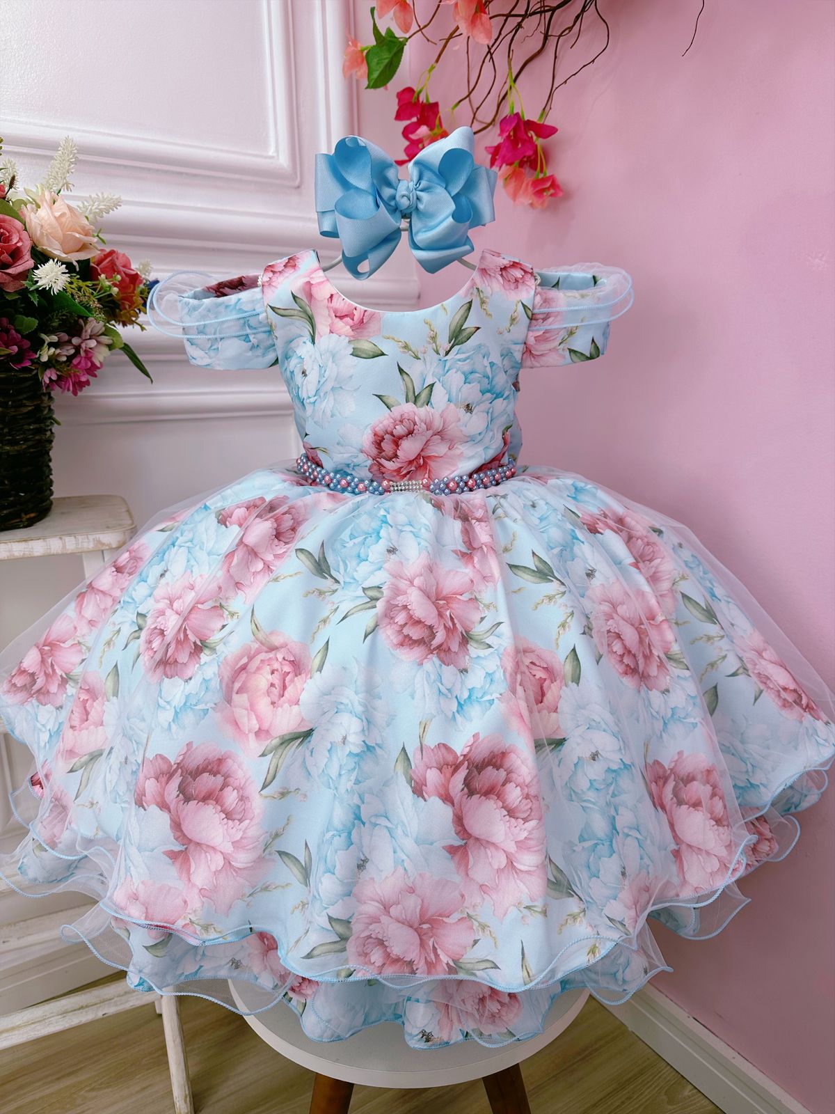 Vestido Infantil Azul Bebê Jardim Flores Cinto de Pérolas