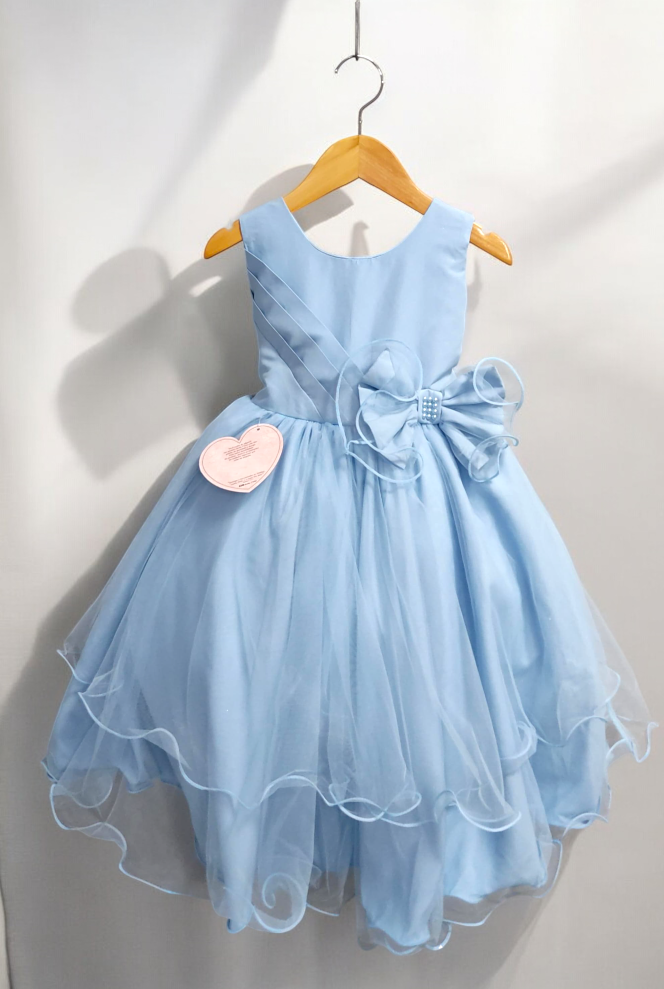 Vestido Infantil Azul Busto Drapeado Aplique de Laço Damas