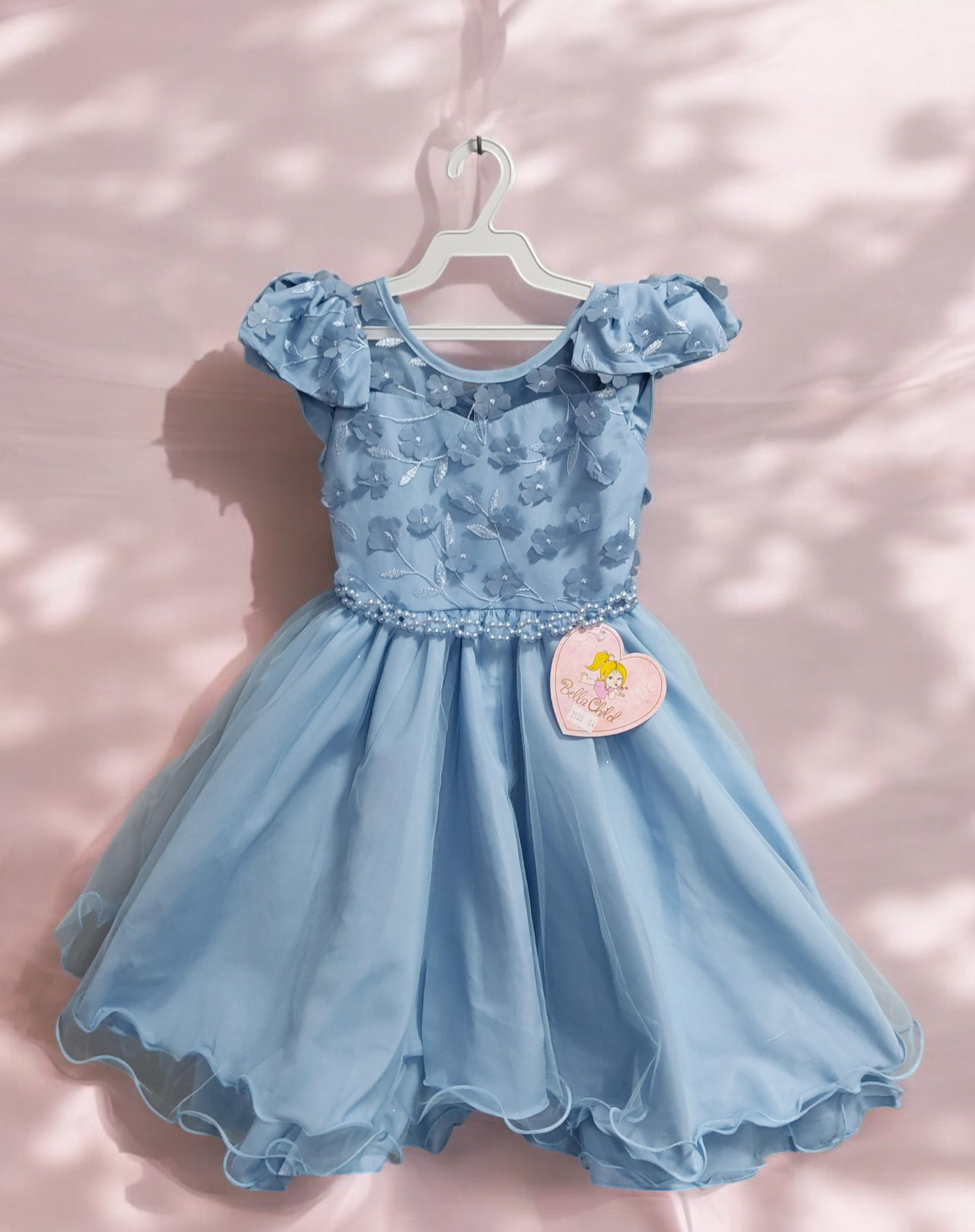 Vestido Infantil Azul C/ Apliques de Flores e Renda Damas