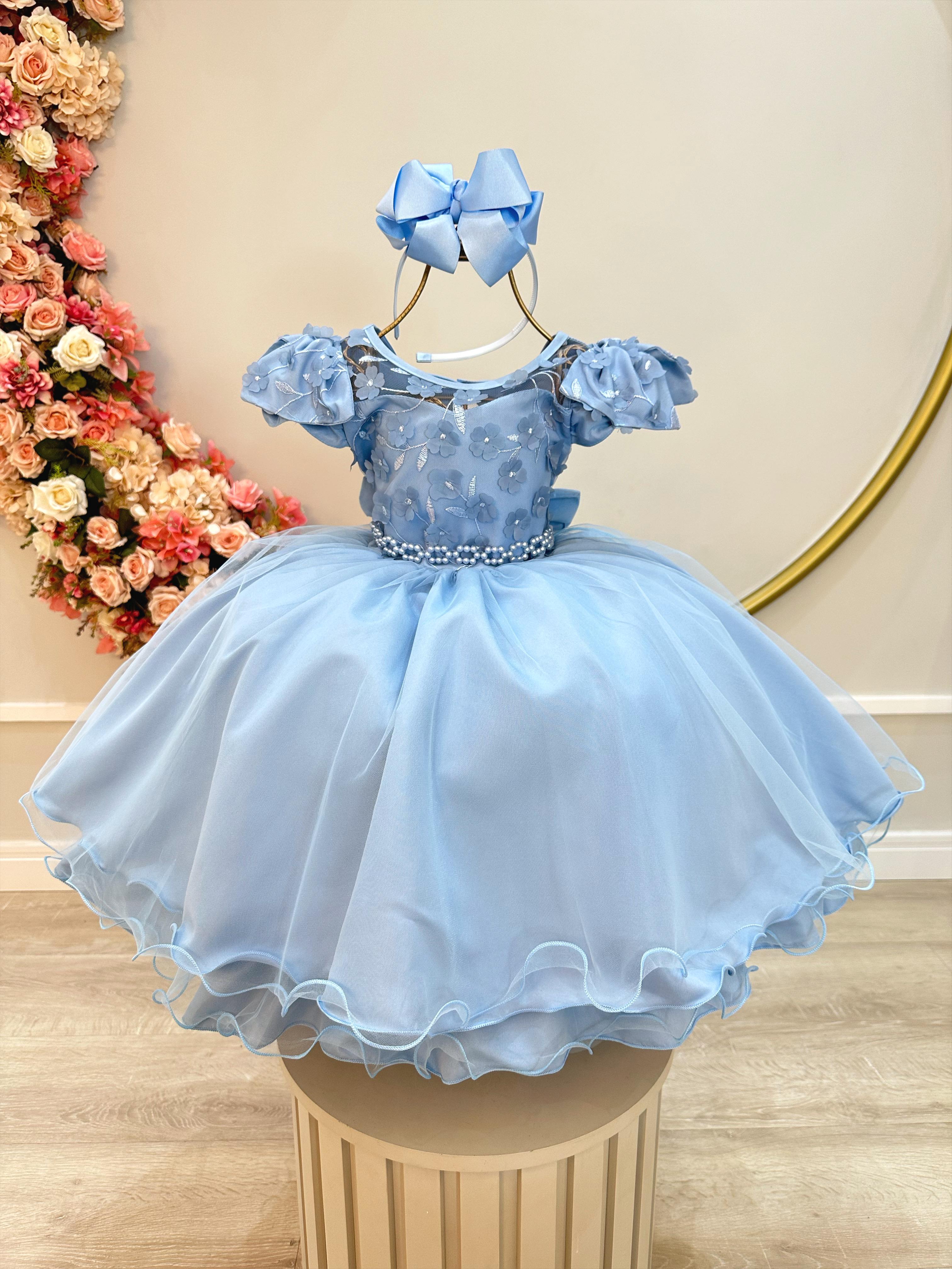 Vestido Infantil Azul C/ Apliques de Flores e Renda Damas