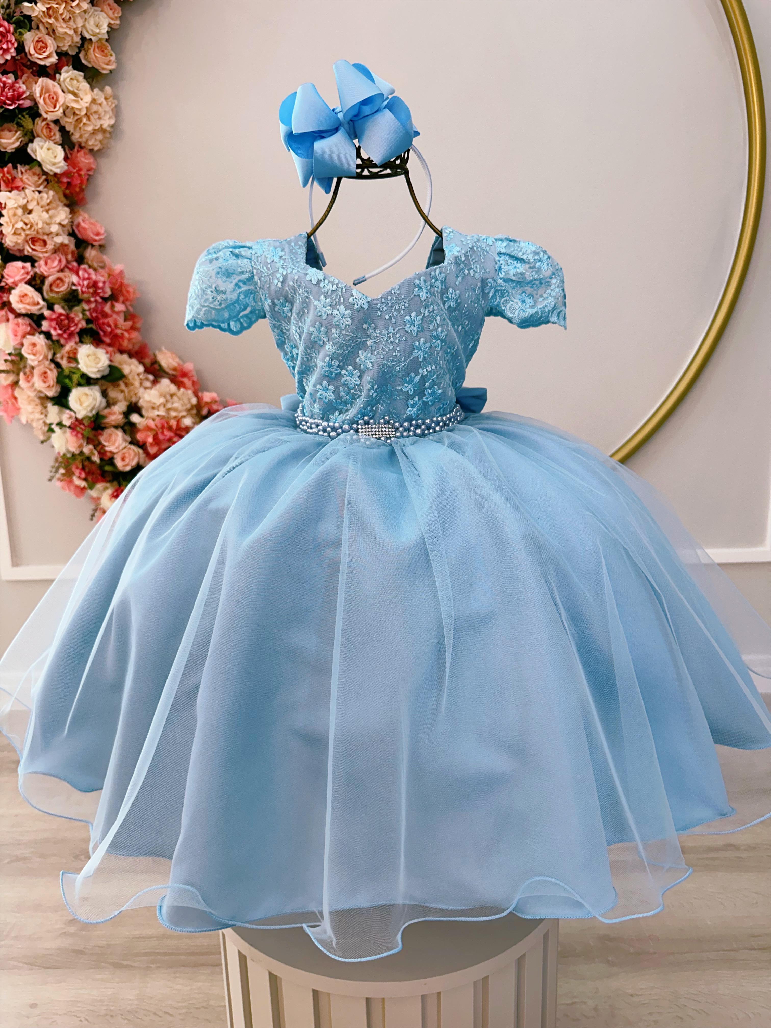 Vestido Infantil Azul C/ Renda e Cinto de Pérolas Festas
