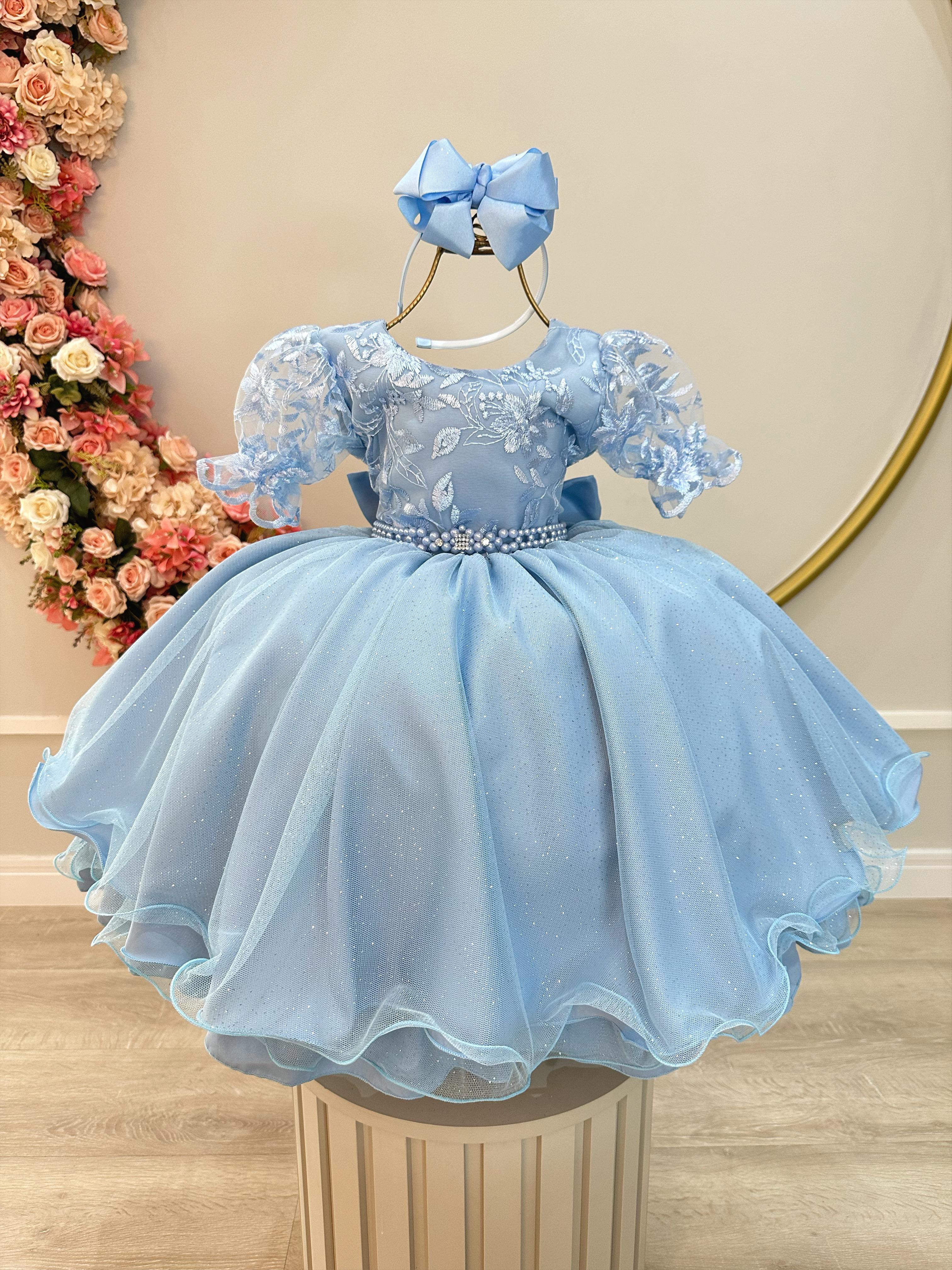 Vestido Infantil Azul C/ Renda Luxo e Cinto de Pérolas Damas